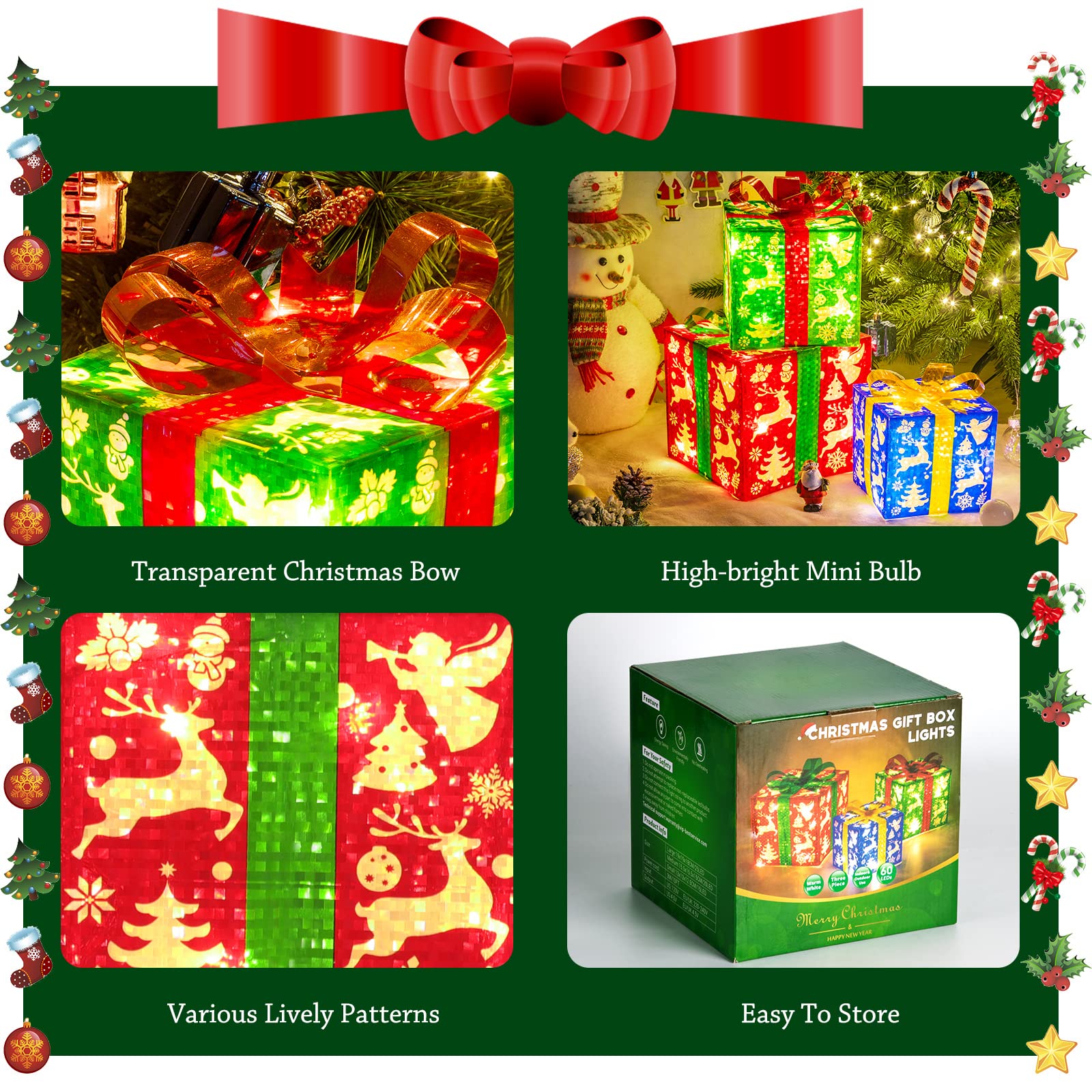 Christmas Decoration Lighted Boxes, Set of 3 with 60 LED lights, 8 Modes&Timer Function Present Boxes Plug in