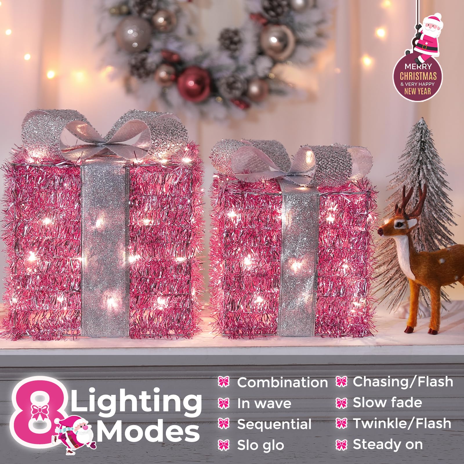 Quntis Christmas Lighted Gift Boxes, Pink Christmas Decorations Indoor 8 Modes & Timer Function Set of 3 Plug-in Light Up Present Boxes Christmas Decor 140 LEDs for Holiday Party Xmas Indoor Outdoor