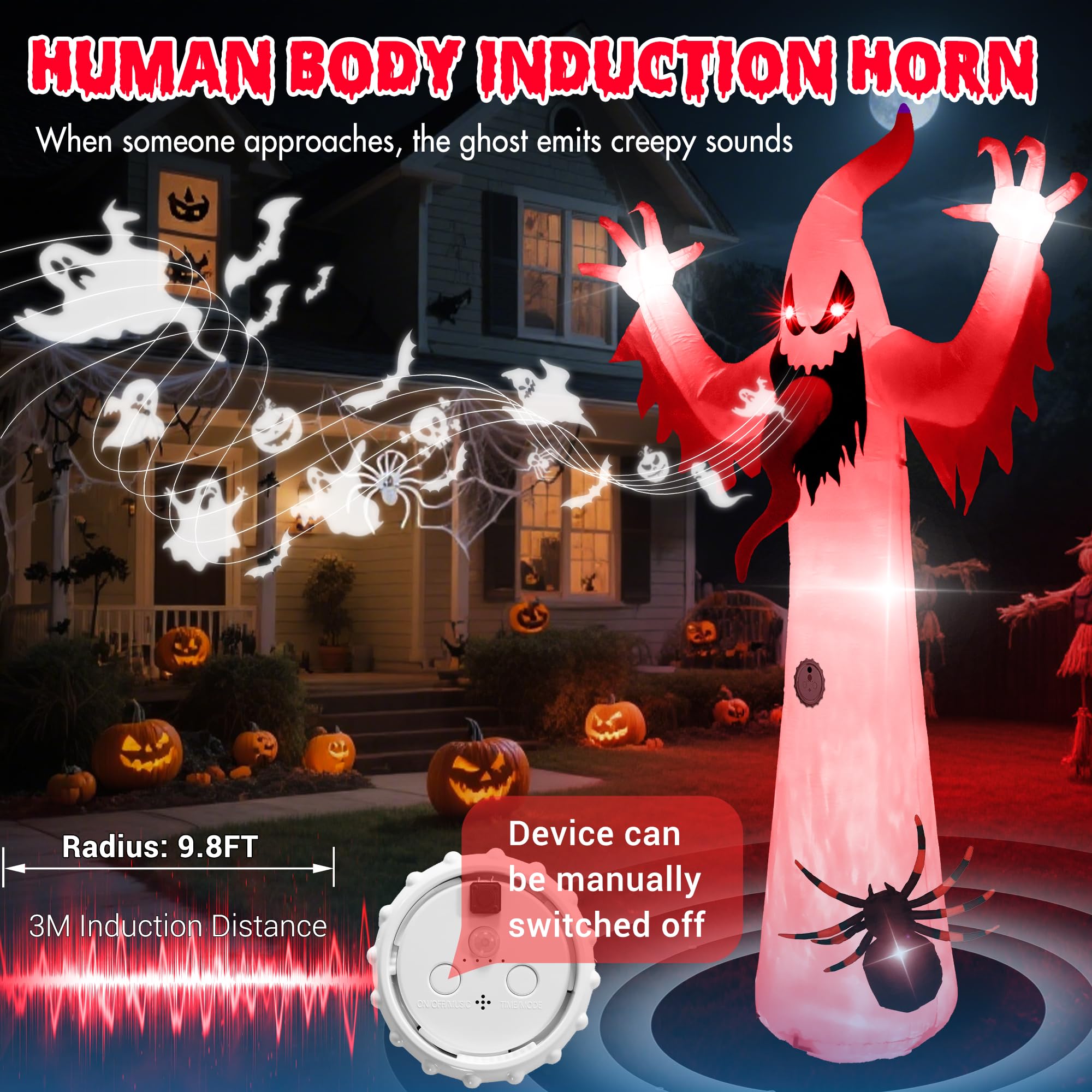 Quntis 12FT 8-Color Changing Halloween Inflatables Outdoor,Led Lighted Inflatable Spooky Ghost Spider Blow Up Yard Decorations with Scary Sound for Halloween Party Indoor,Yard,Garden,Lawn Decorations