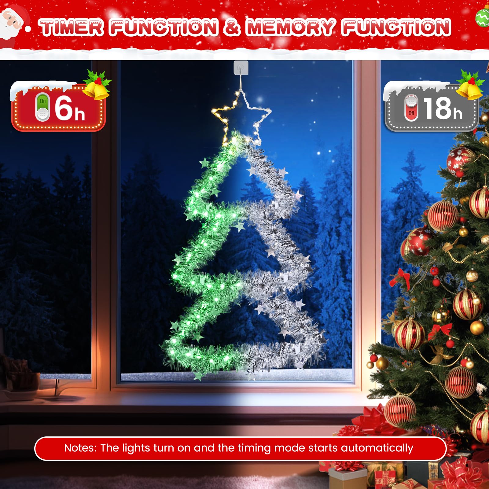 Quntis LED Christmas Decorations Lights, Green Lighted Christmas Tree with Silver Tinsel and Warm White Star Topper, Battery Operated Hanging Lights for Indoor Outdoor, Window Wall Door Home Decor
