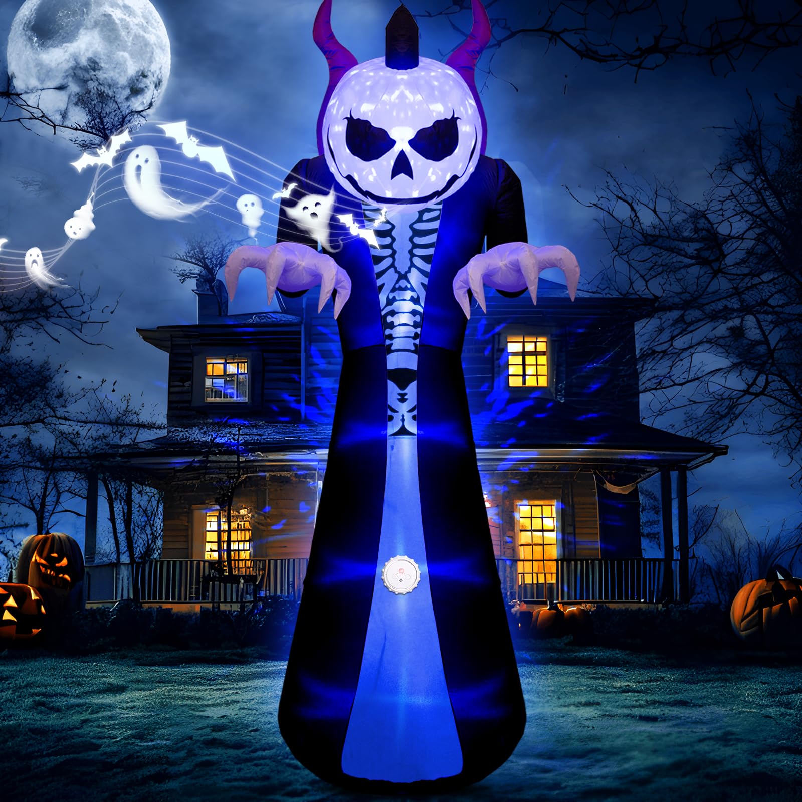 10FT Halloween Aufblasbarer Sensenmann – Schreiendes Horn, Flammenprojektion und Kürbiskopf, Außen Aufblasbare Garten Dekoration für Rasen und Garten