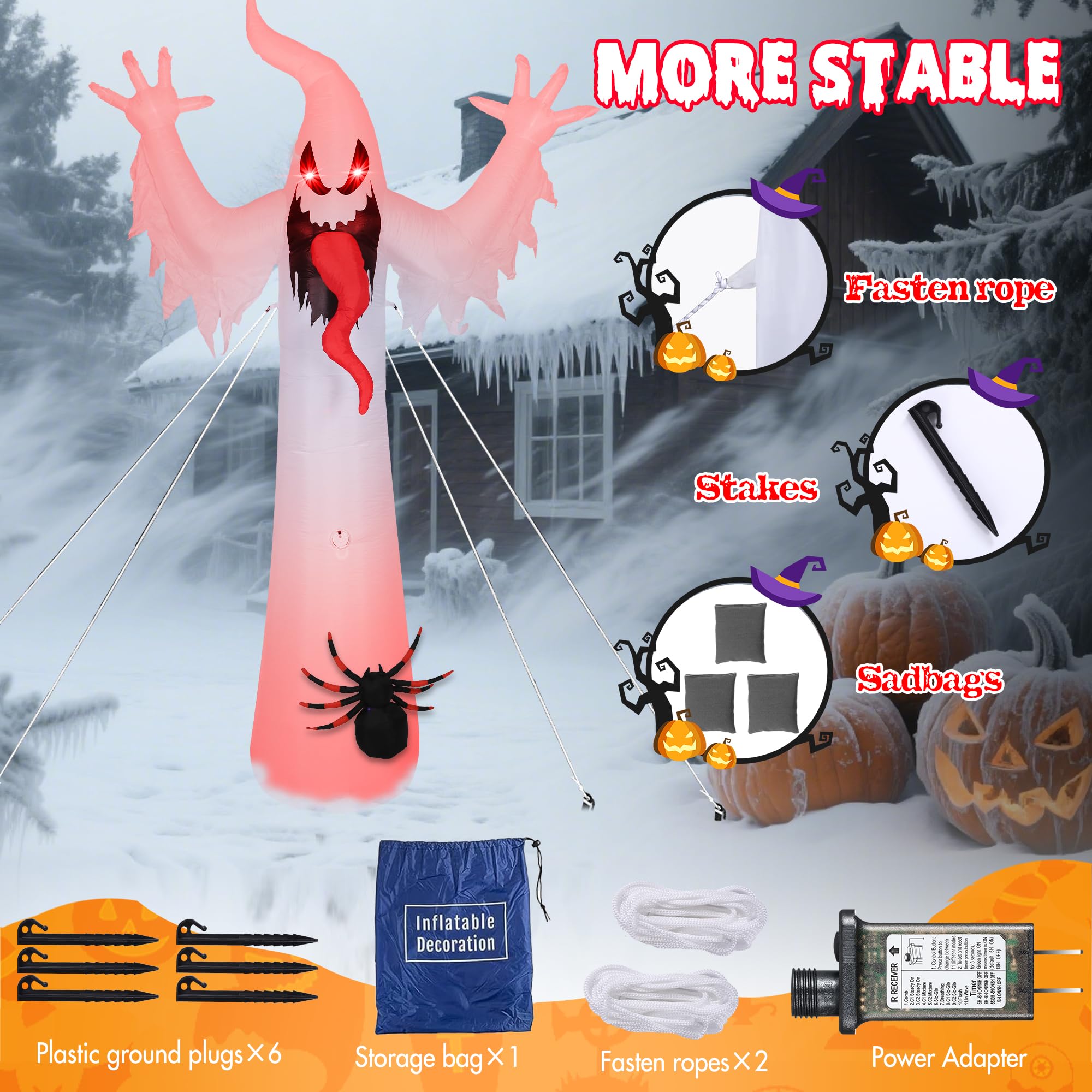 Quntis 12FT 8-Color Changing Halloween Inflatables Outdoor,Led Lighted Inflatable Spooky Ghost Spider Blow Up Yard Decorations with Scary Sound for Halloween Party Indoor,Yard,Garden,Lawn Decorations