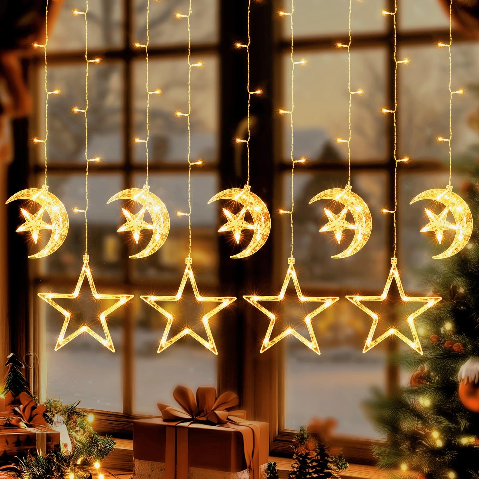 Quntis クリスマスウィンドウライト、9パック 125LED バッテリー駆動の星と月のハンギングウィンドウライト、8モード、防水屋内外装飾、ホリデー、パーティー、ホームデコ