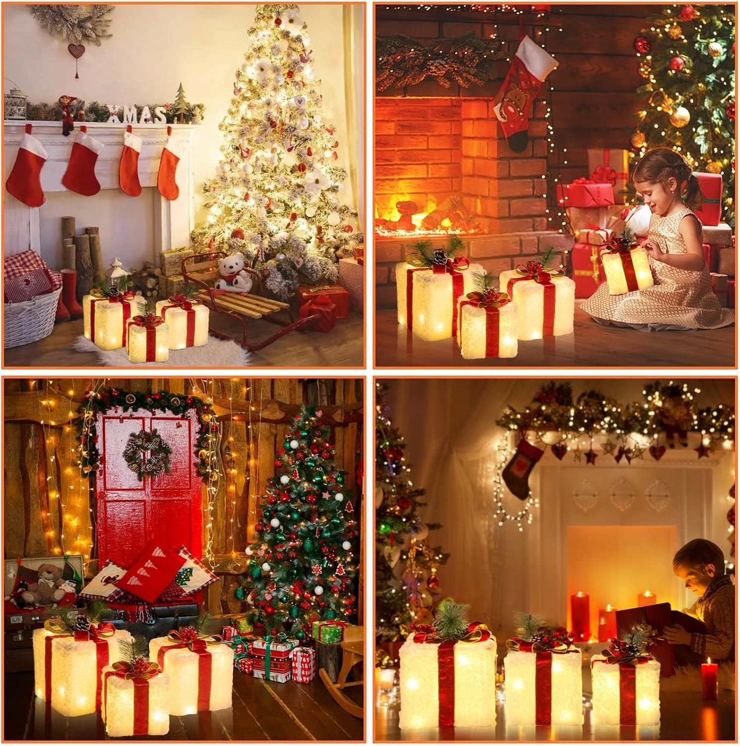 Christmas Lighted Gift Boxes, 8 Modes & Timing Function Set of 3 Plug-In Light Up Present Boxes with 60 LEDs Christmas Decorations Indoor Home Decor Christmas