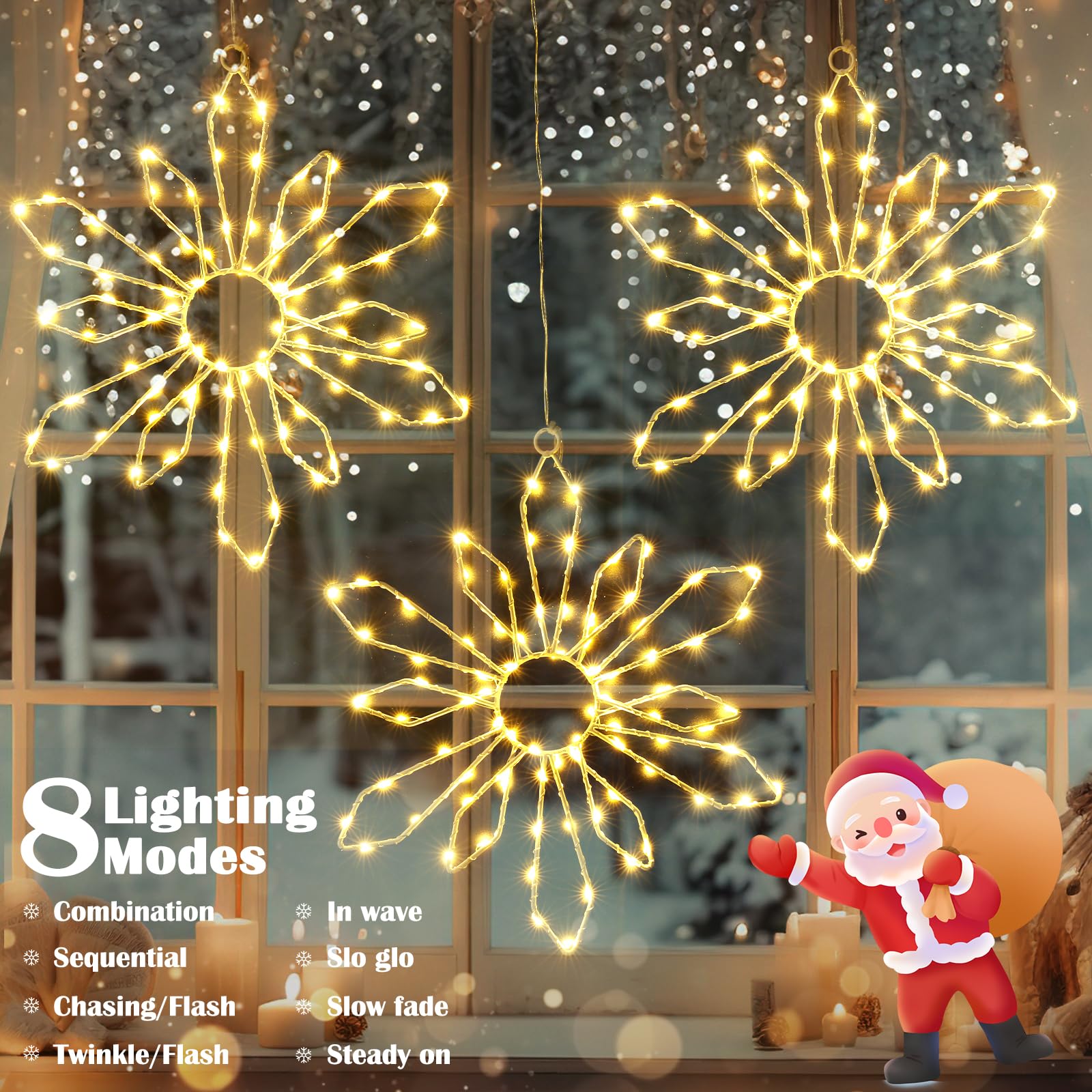 Quntis Christmas Snowflakes Window Lights Battery Operated, 3 Pack 240 LEDs Snowflake Curtain String Lights with Timer Memory, 8 Twinkle Modes Xmas House Indoor Winter Hanging Decoration, Warm White