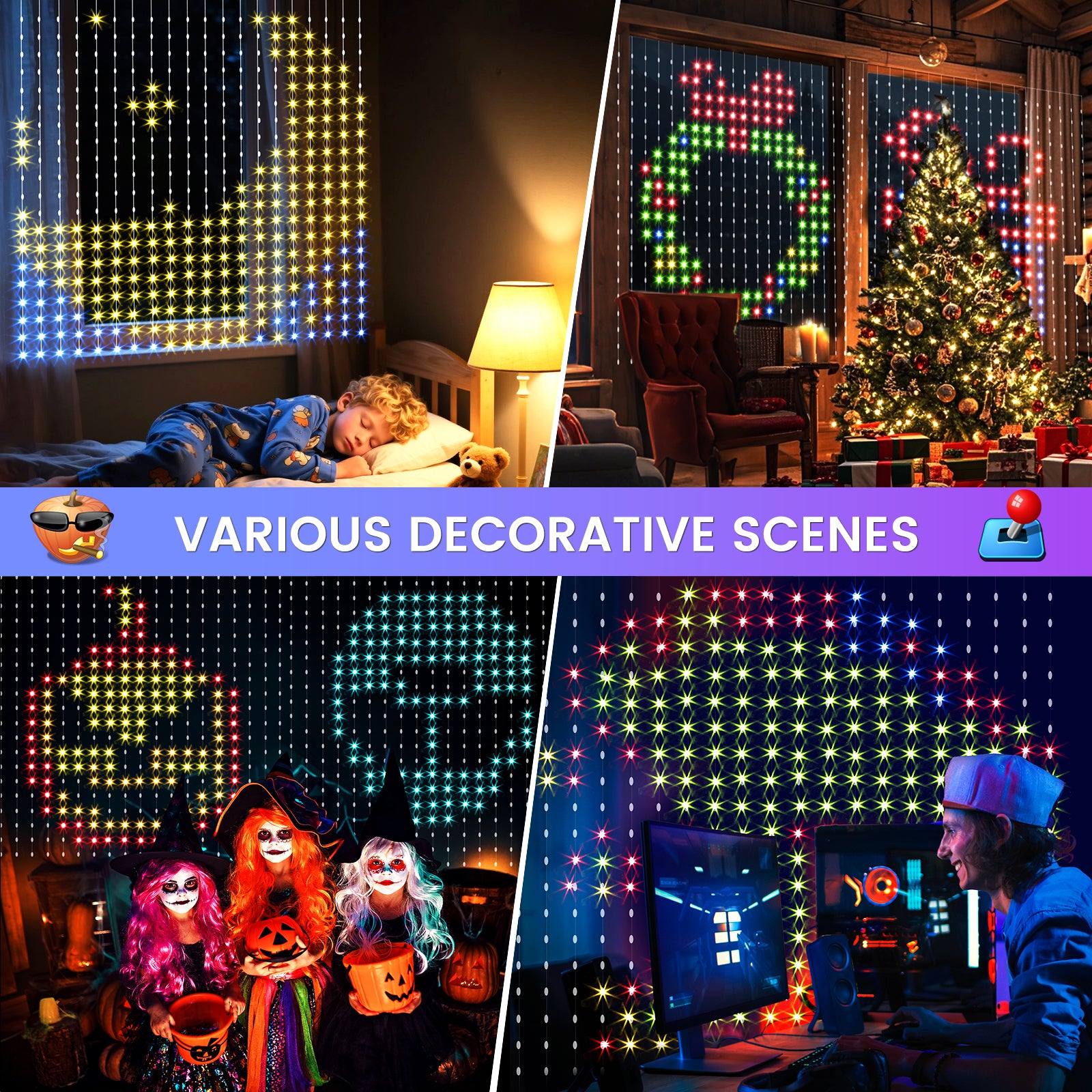 Quntis Smart RGB Curtain Fairy Lights, App/Remote Controlled with Music Sync, 3x3M 400 LED Tinsel Lights, Waterproof for Bedroom, Party & Holiday Decor.