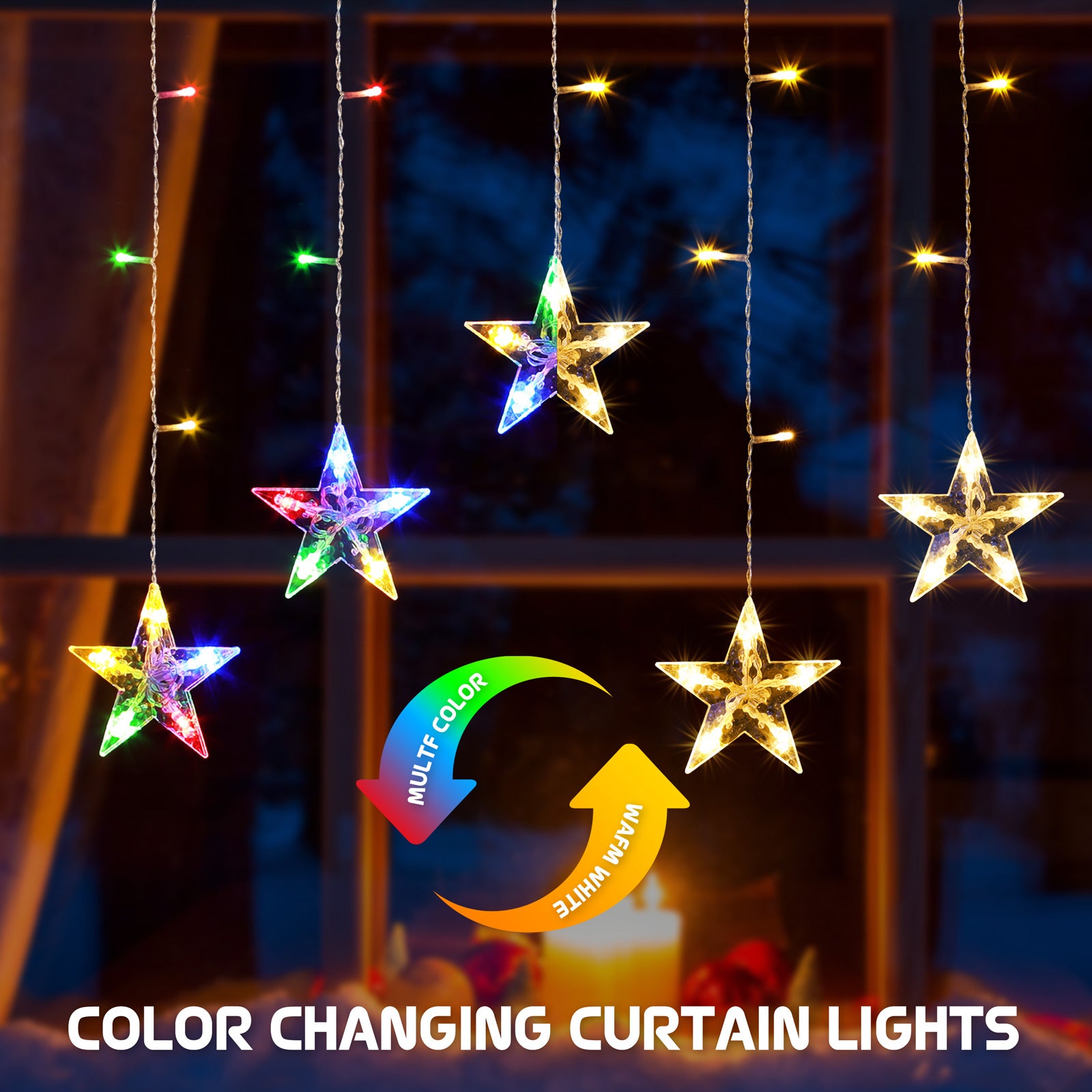 Quntis Luces de Cortina Estrelladas – 5 Estrellas Centelleantes, 36 LEDs, Funcionamiento a Batería con Temporizador y 8 Modos, Luces de Cuerda de Hadas para Decoración de Dormitorio, Ventana y Fiesta