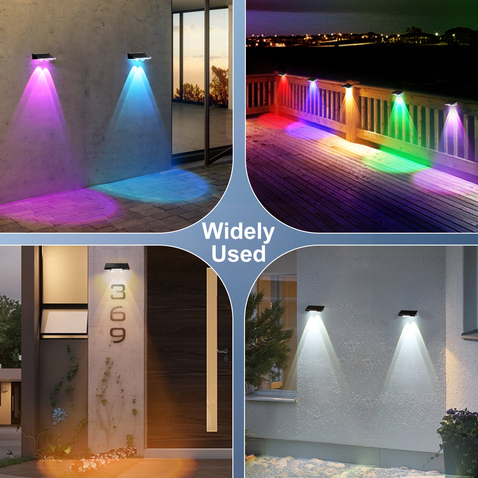 Quntis Outdoor Solar Wall Lights, 8 Pack Solar Fence Lights Warm White & 11 RGB Modes IP64 Waterproof Wireless Stick On Wall Lamps for Outside Garden Front Door Deck Stair Yard Railing Patio Decor