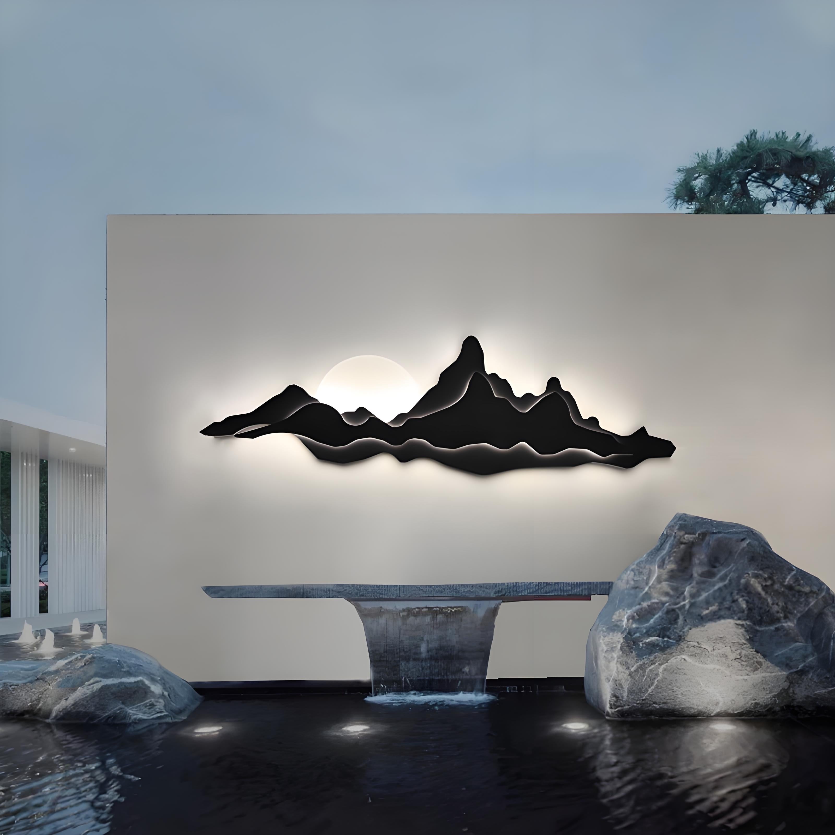 Solar Powered LED Wall Light – Modern Zen Mountain Landscape Outdoor Decor | Waterproof Ambient Art Lamp for Garden, Patio, or Entryway