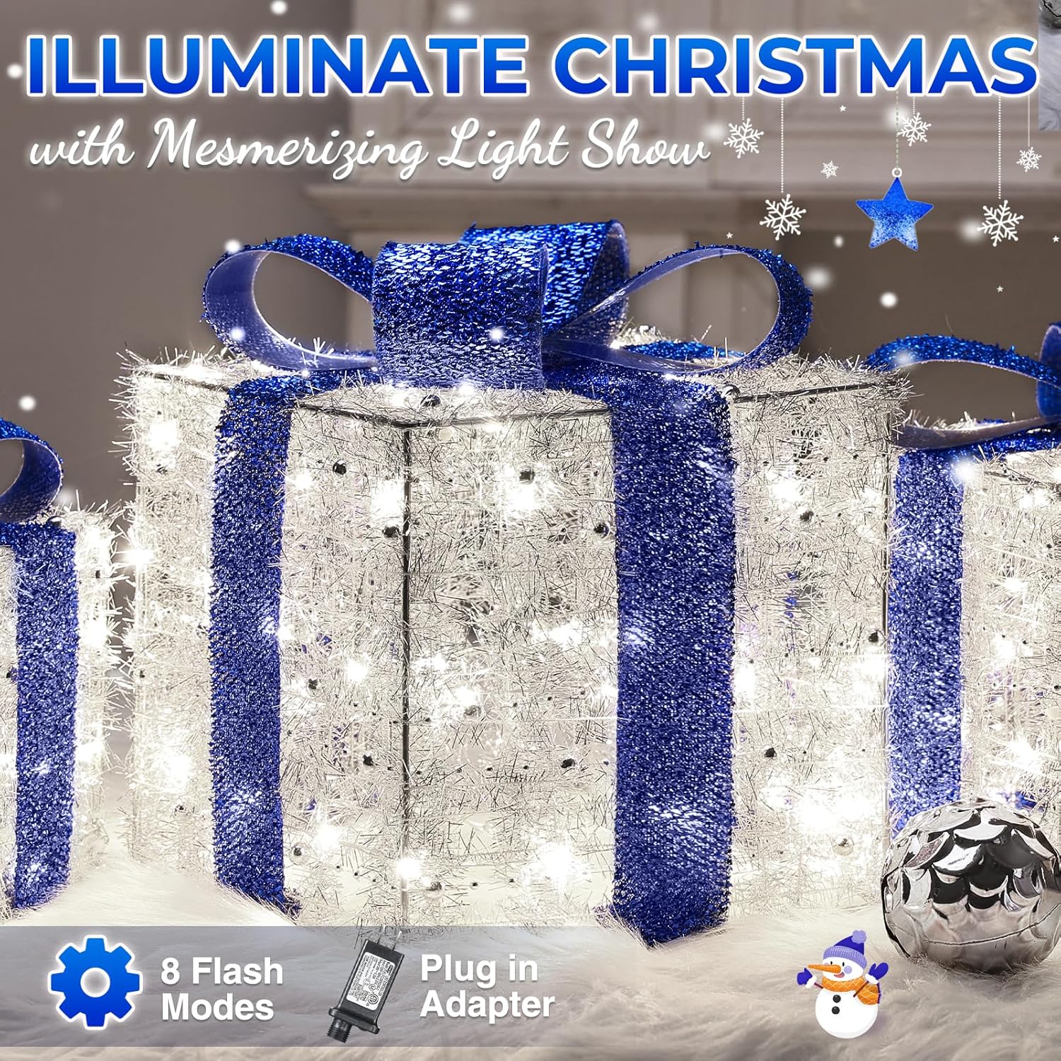Blue Christmas Lighted Gift Boxes, 140 LEDs, Set of 3 – 8 Modes & Timer Function for Indoor/Outdoor Holiday Decor