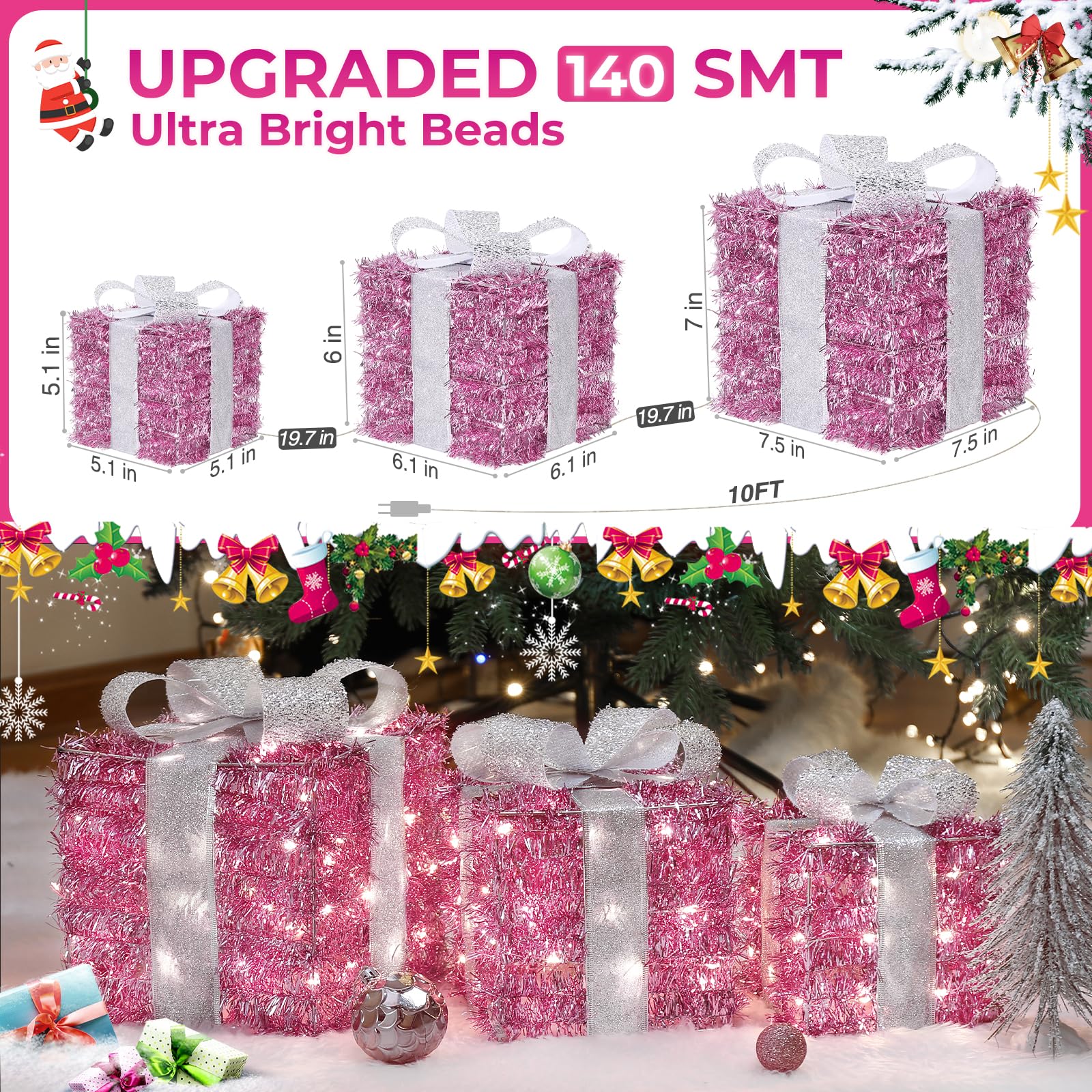 Quntis Christmas Lighted Gift Boxes, Pink Christmas Decorations Indoor 8 Modes & Timer Function Set of 3 Plug-in Light Up Present Boxes Christmas Decor 140 LEDs for Holiday Party Xmas Indoor Outdoor