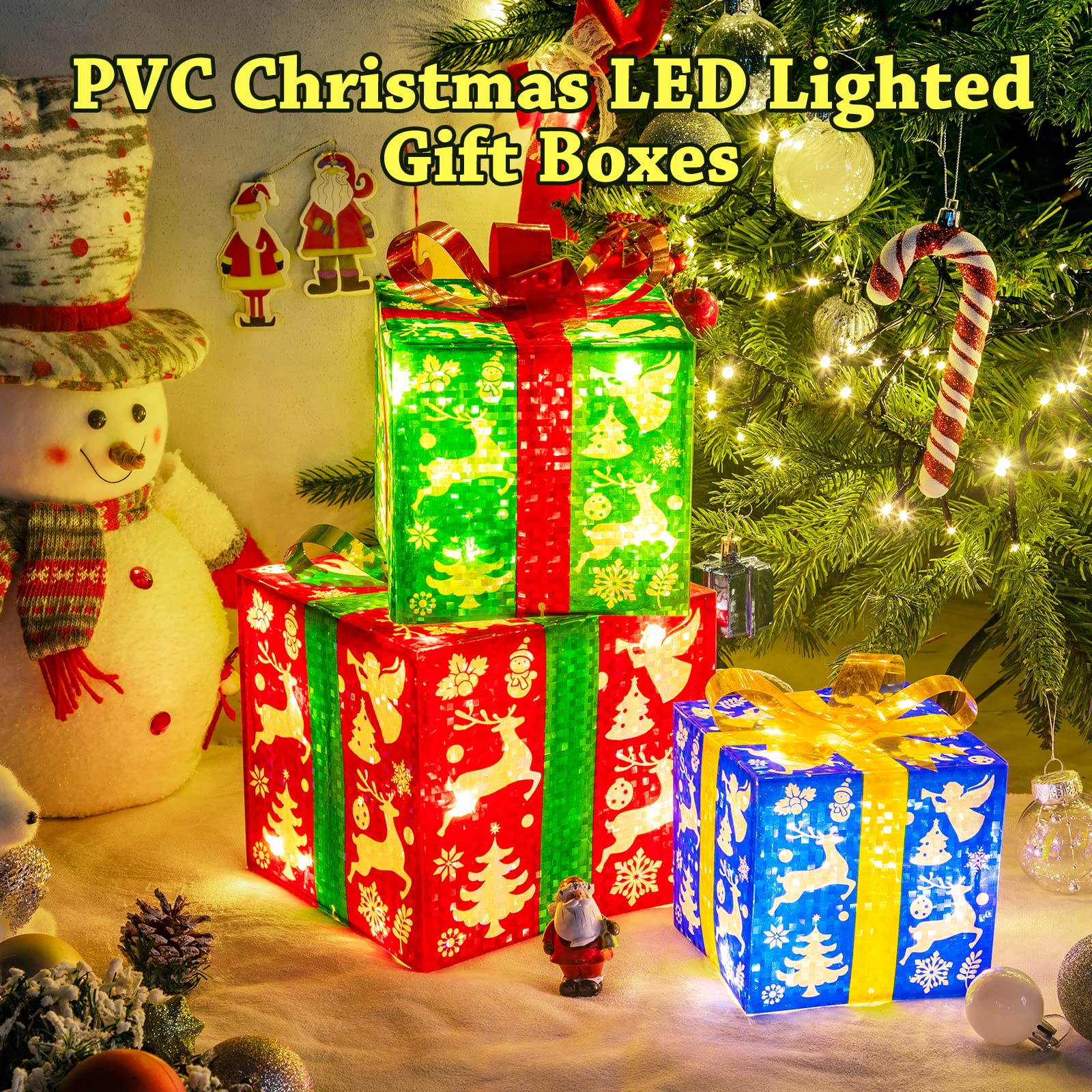 Christmas Decoration Lighted Boxes, Set of 3 with 60 LED lights, 8 Modes&Timer Function Present Boxes Plug in