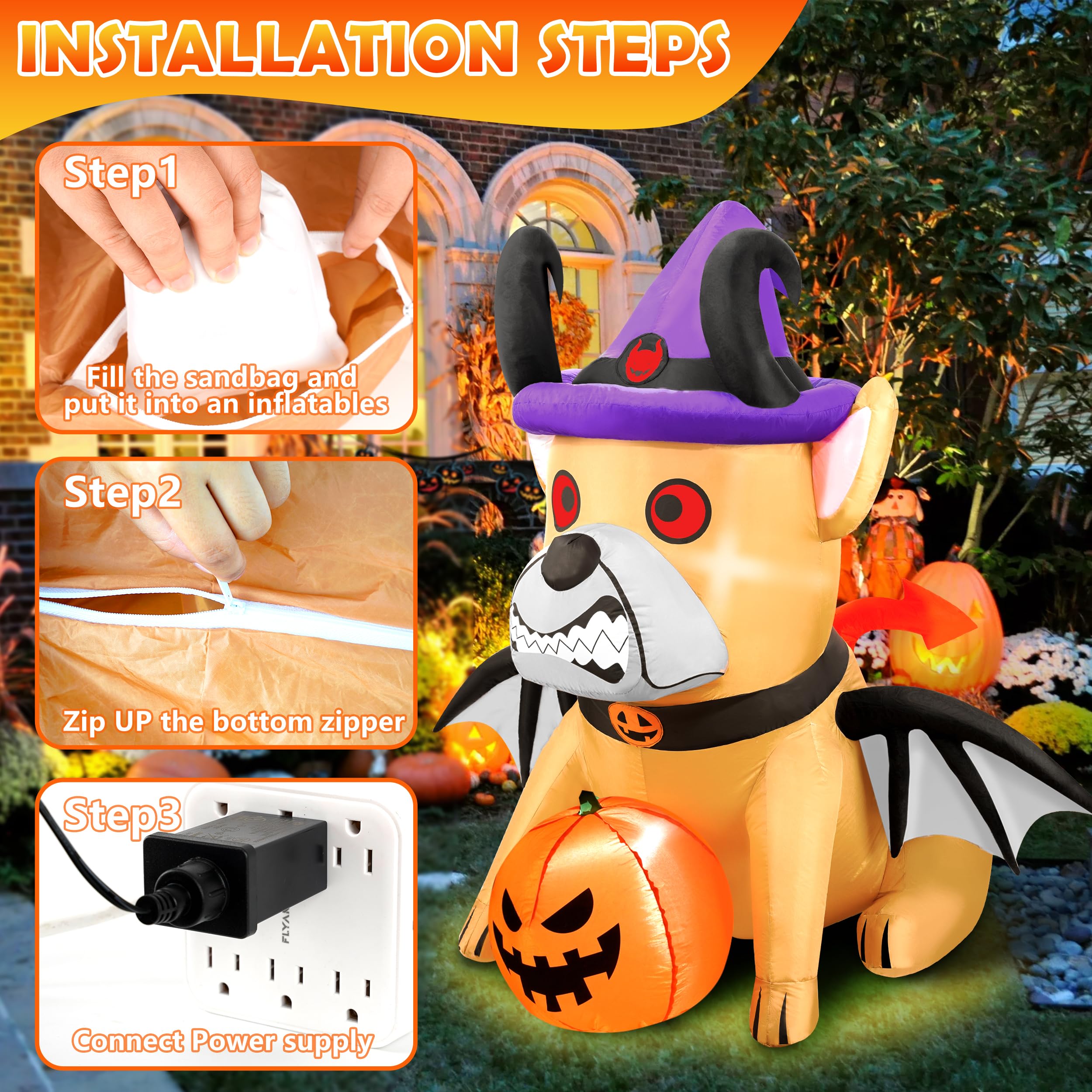 5FT Halloween Inflatables Devil Puppy Outdoor Decorations Build-in Bright LEDs Blow Up Yard with Pumpkin Wing Witch Hat Halloween Decor for Holiday Party Indoor Garden Lawn Home