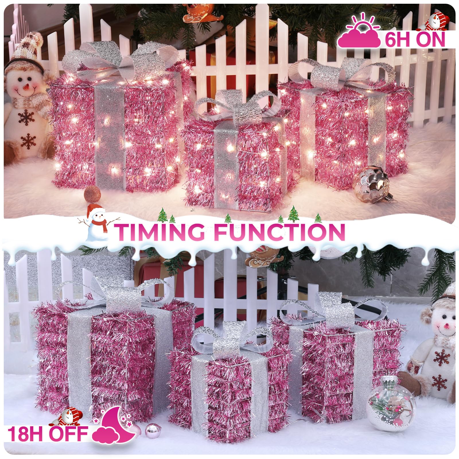 Quntis Christmas Lighted Gift Boxes, Pink Christmas Decorations Indoor 8 Modes & Timer Function Set of 3 Plug-in Light Up Present Boxes Christmas Decor 140 LEDs for Holiday Party Xmas Indoor Outdoor