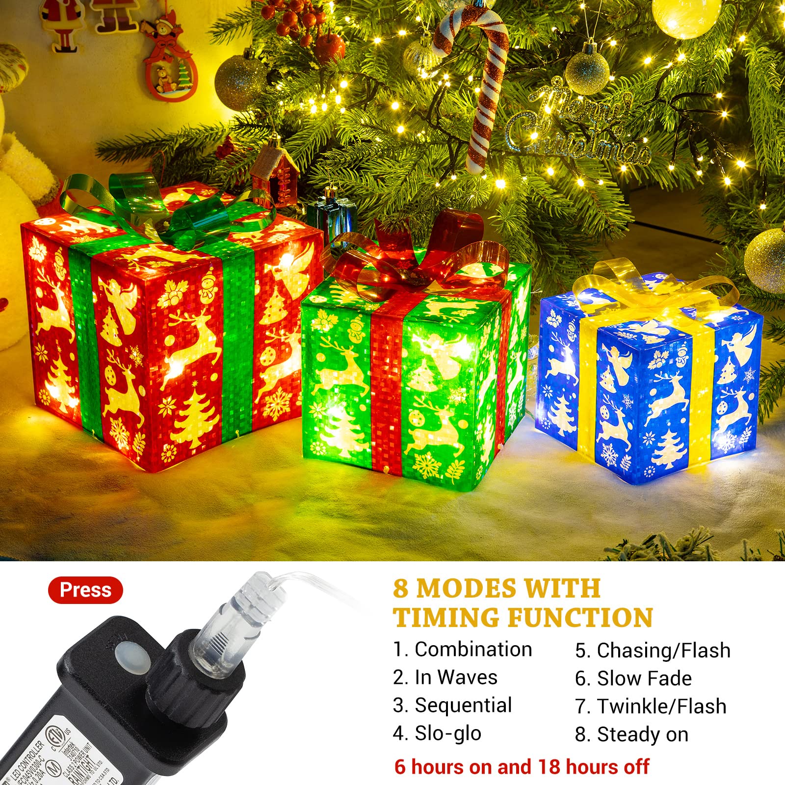 Christmas Decoration Lighted Boxes, Set of 3 with 60 LED lights, 8 Modes&Timer Function Present Boxes Plug in