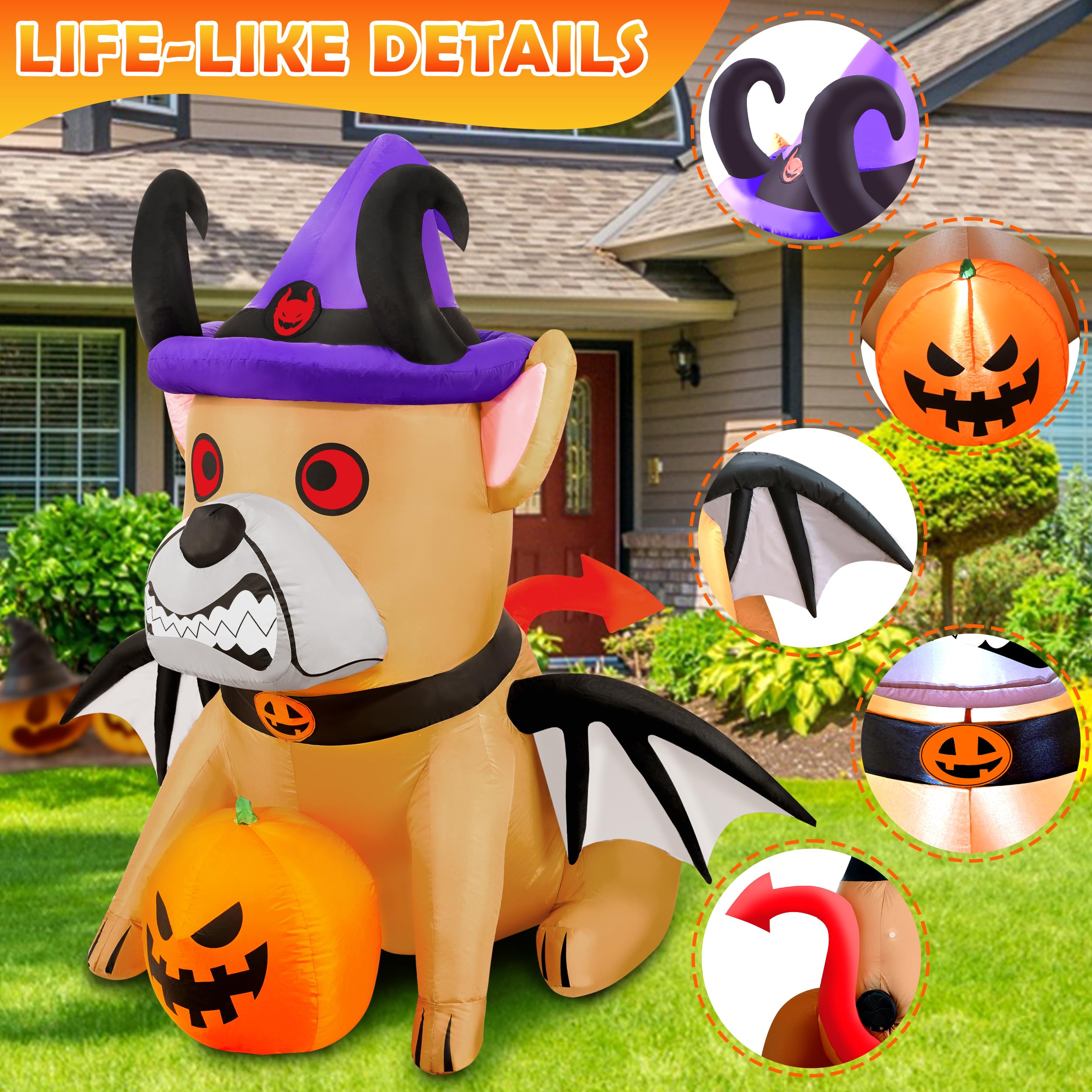 5FT Halloween Inflatables Devil Puppy Outdoor Decorations Build-in Bright LEDs Blow Up Yard with Pumpkin Wing Witch Hat Halloween Decor for Holiday Party Indoor Garden Lawn Home