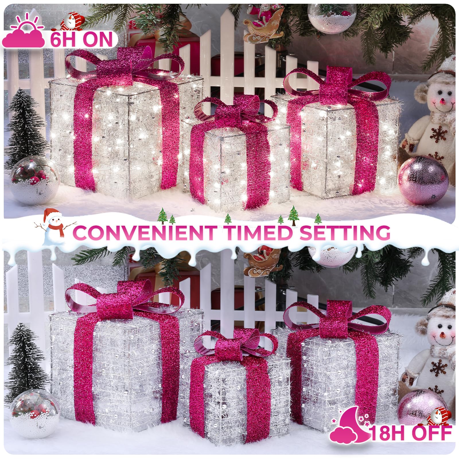Quntis Christmas Decorations, Set of 3 Valentine's Day Gift Boxes with 140 LED Lights, 8 Flash Modes Lighted Present Boxes, Hot Pink Bow Xmas Boxes for Christmas Tree Indoor Outdoor Home Front Door