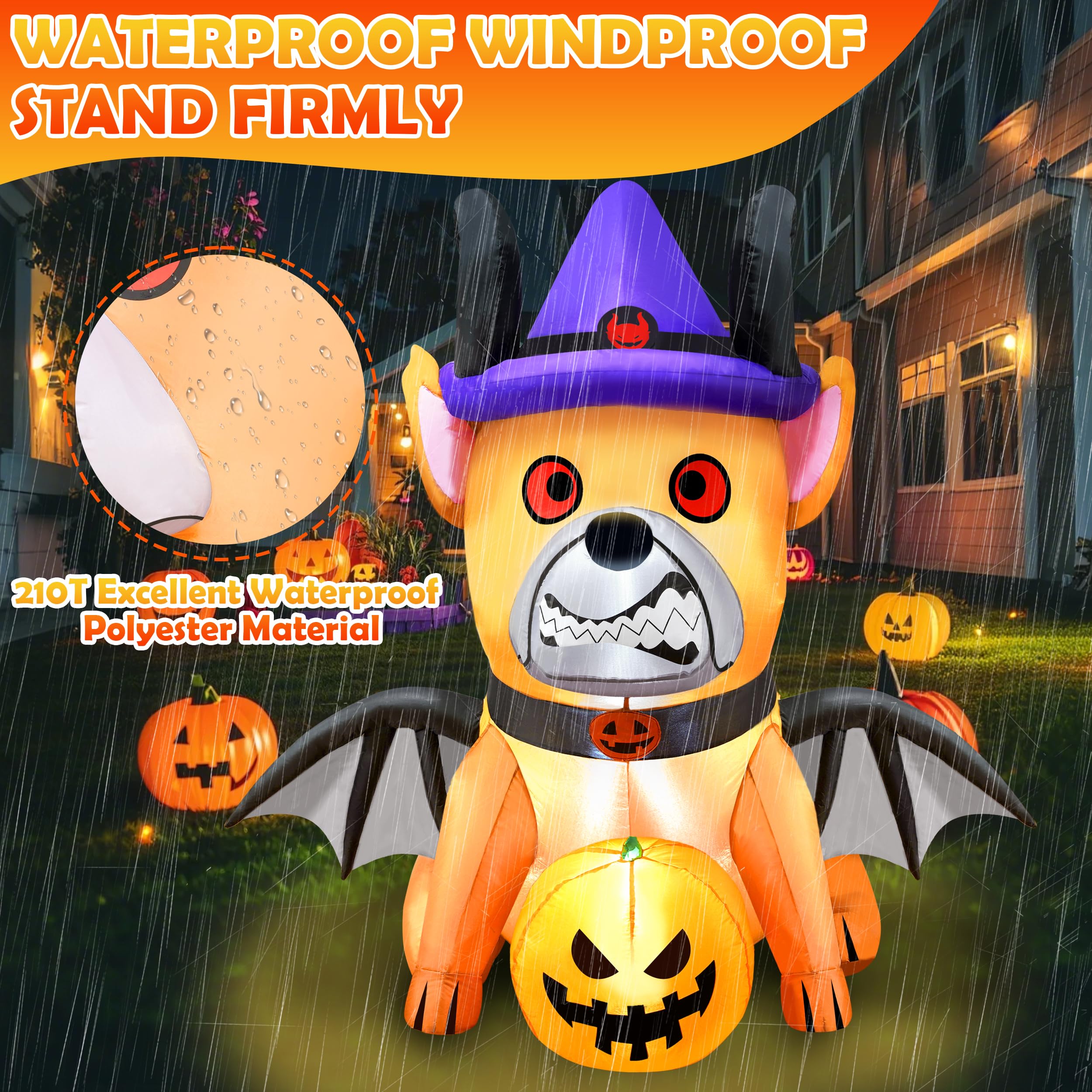 5FT Halloween Inflatables Devil Puppy Outdoor Decorations Build-in Bright LEDs Blow Up Yard with Pumpkin Wing Witch Hat Halloween Decor for Holiday Party Indoor Garden Lawn Home