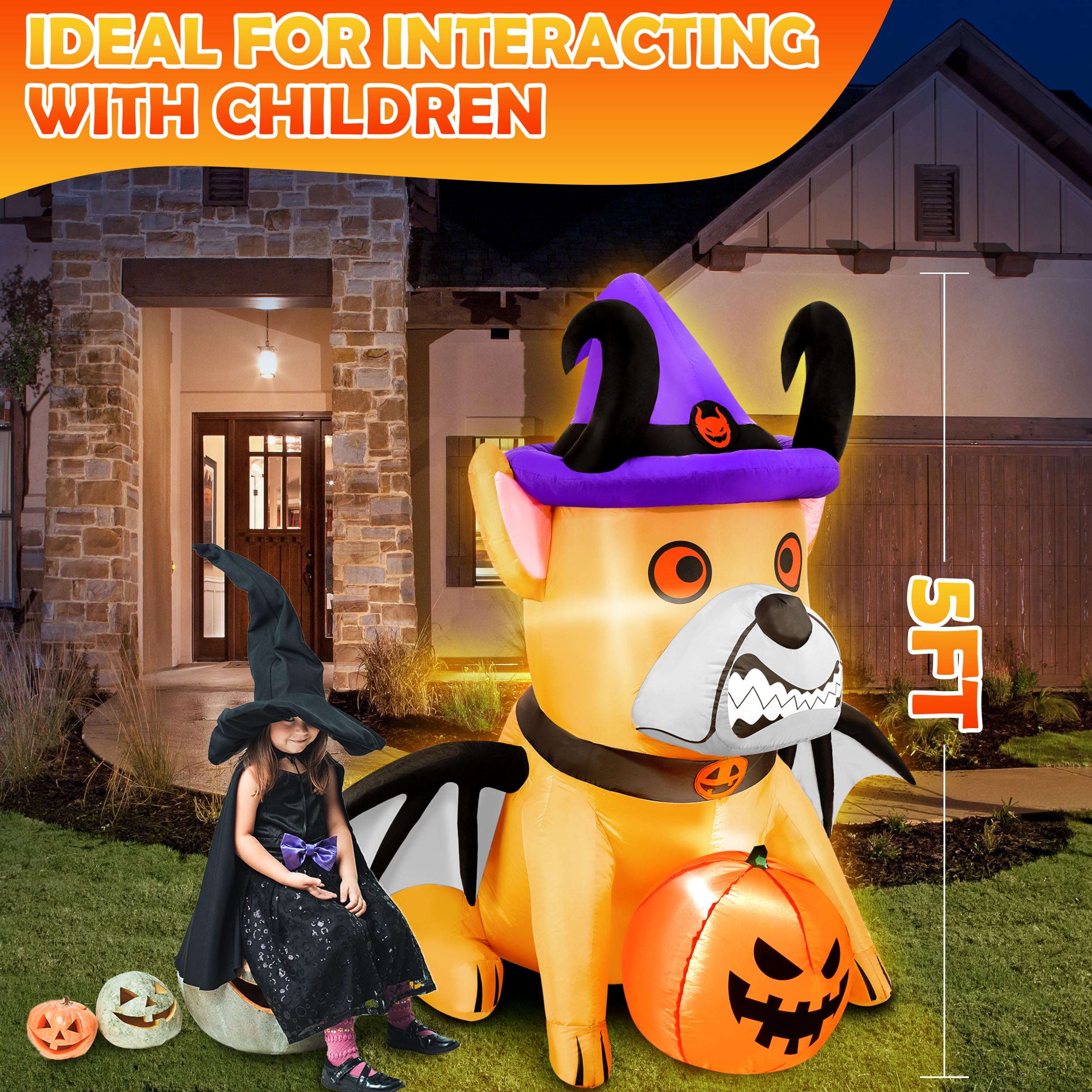 5FT Halloween Inflatables Devil Puppy Outdoor Decorations Build-in Bright LEDs Blow Up Yard with Pumpkin Wing Witch Hat Halloween Decor for Holiday Party Indoor Garden Lawn Home