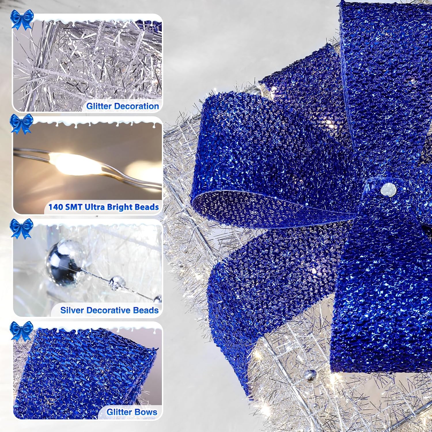 Blue Christmas Lighted Gift Boxes, 140 LEDs, Set of 3 – 8 Modes & Timer Function for Indoor/Outdoor Holiday Decor