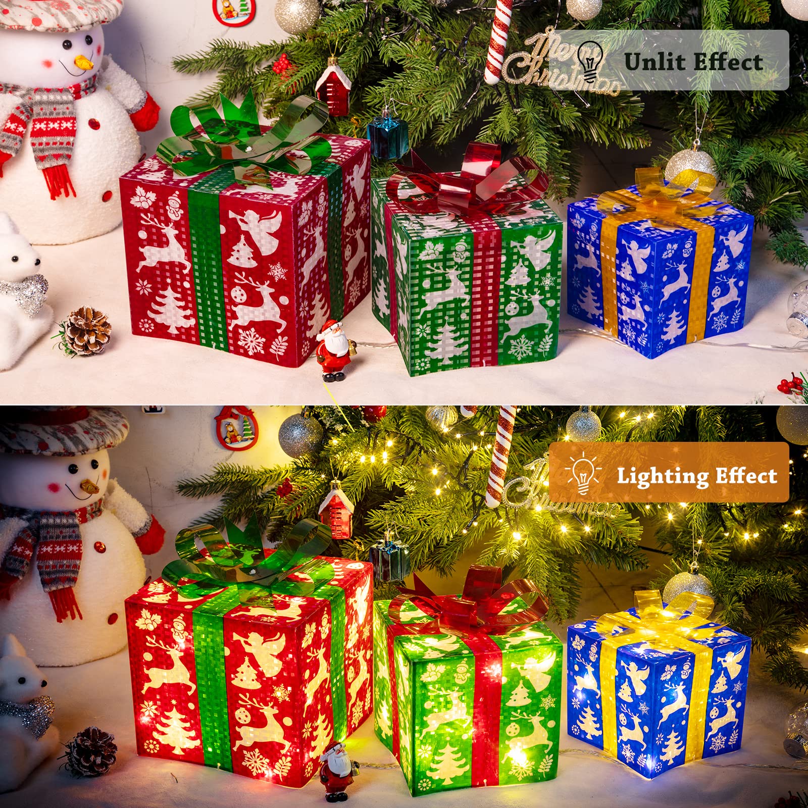 Christmas Decoration Lighted Boxes, Set of 3 with 60 LED lights, 8 Modes&Timer Function Present Boxes Plug in