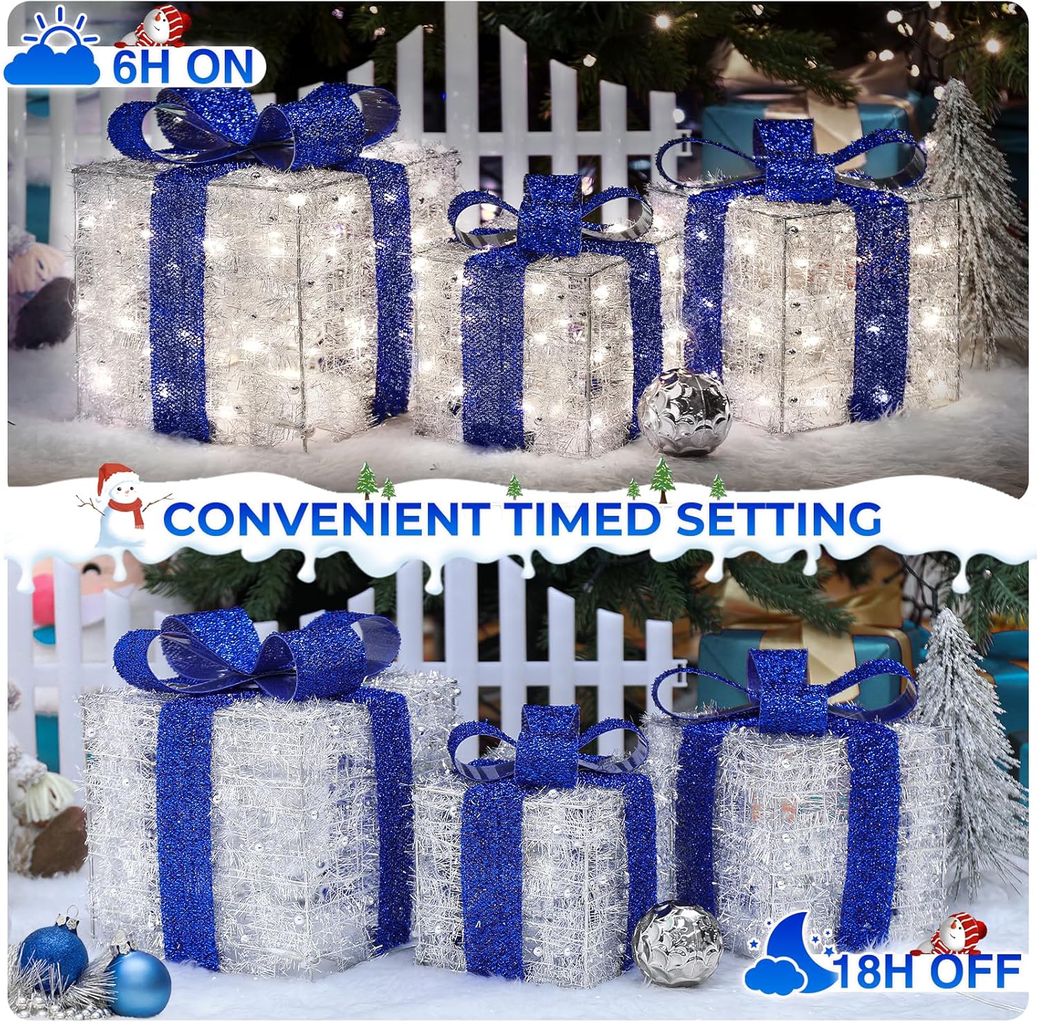 Blue Christmas Lighted Gift Boxes, 140 LEDs, Set of 3 – 8 Modes & Timer Function for Indoor/Outdoor Holiday Decor