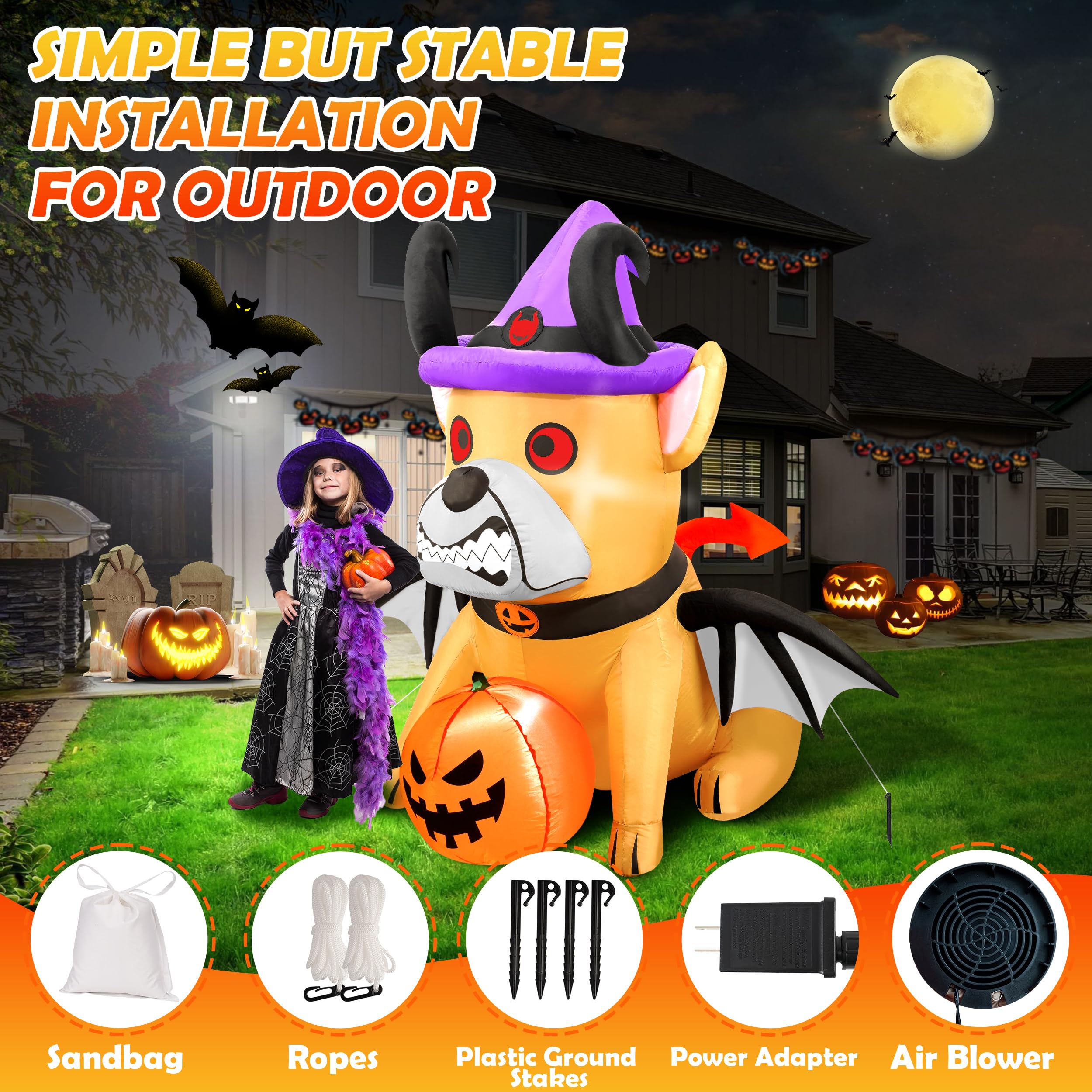 5FT Halloween Inflatables Devil Puppy Outdoor Decorations Build-in Bright LEDs Blow Up Yard with Pumpkin Wing Witch Hat Halloween Decor for Holiday Party Indoor Garden Lawn Home