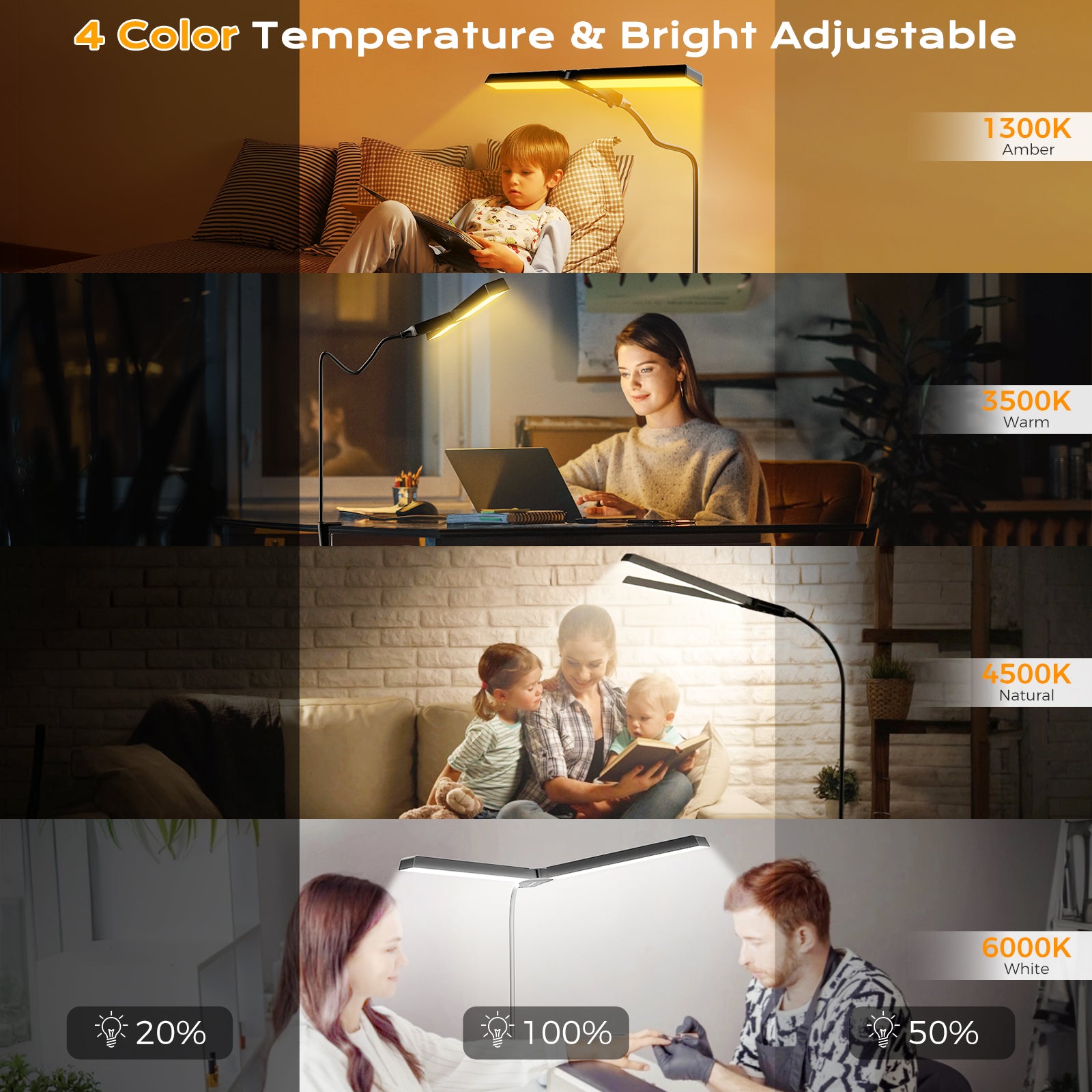 Dual-Head Eye-Caring Desk Lamp, No Blue Light, USB Powered, Dimmable LED Clamp Light for Reading, Study & Office, Soft Light That Won’t Hurt Eyes