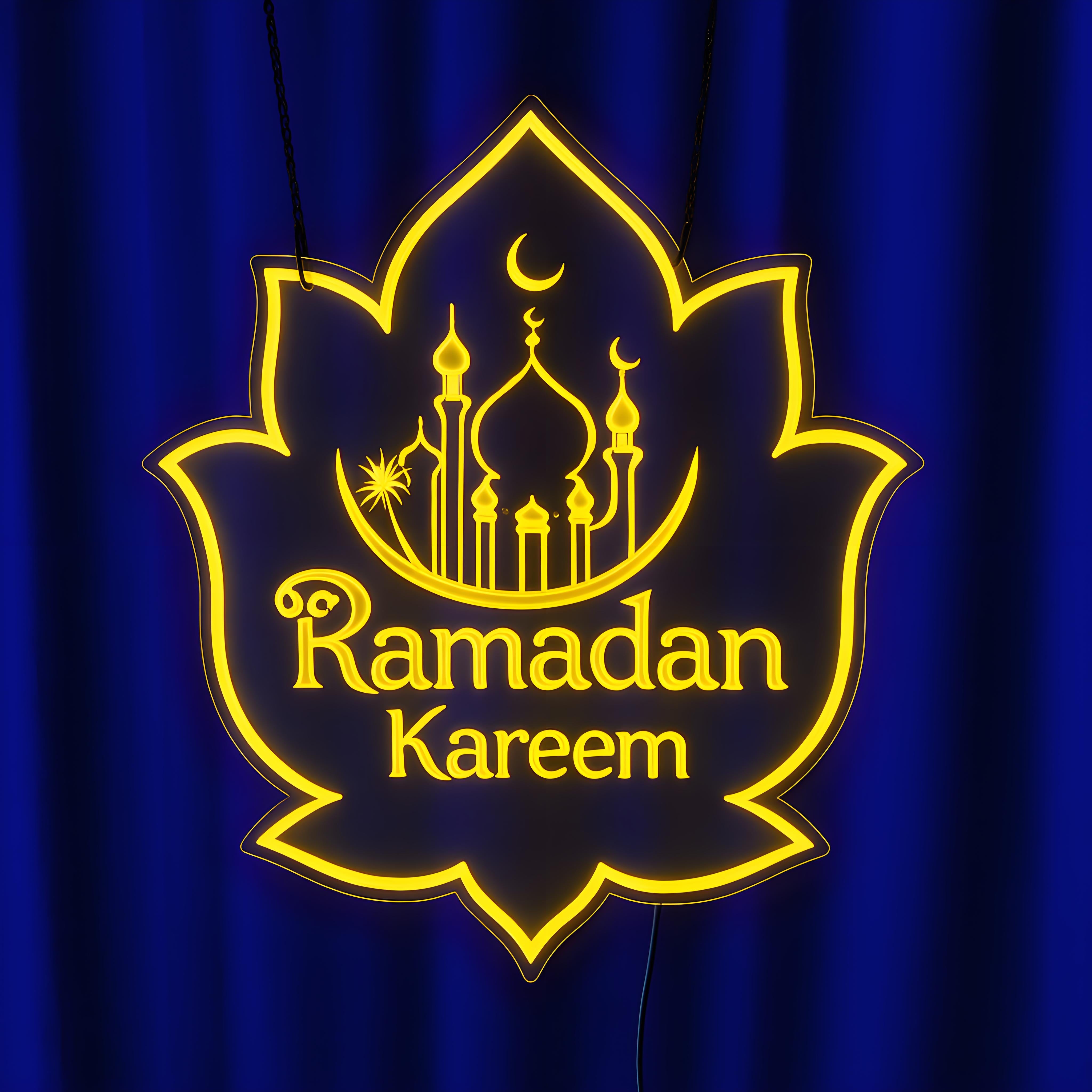 3D Contour LED Neon Sign: 'Ramadan Kareem' Mosque Silhouette with Vibrant Yellow Glow