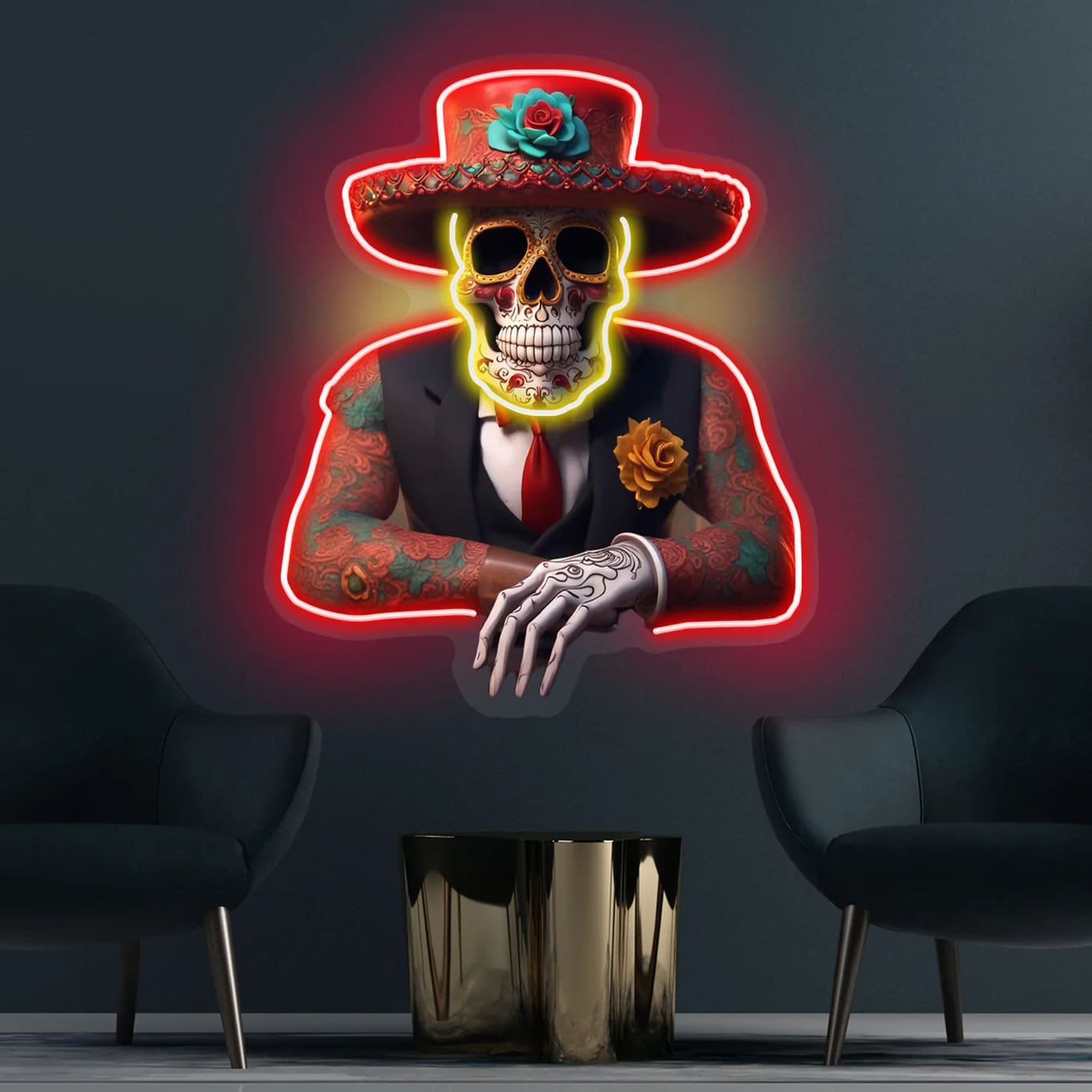 Luz de neón del Día de los Muertos ¨C Arte LED de calavera de azúcar vibrante para decoración festiva y cultural
