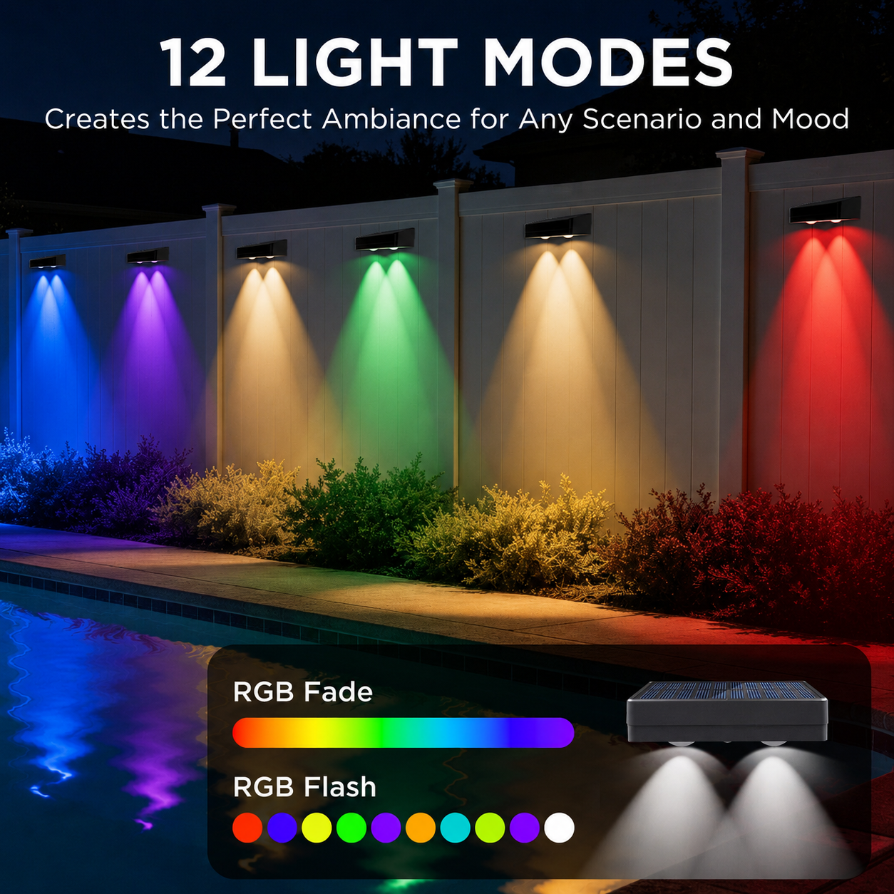 Quntis Solar Fence Lights IP44 Waterproof, 12 RGBCW Color Changing Modes with Memory, Outdoor Decorative Lighting for Garden Deck Patio