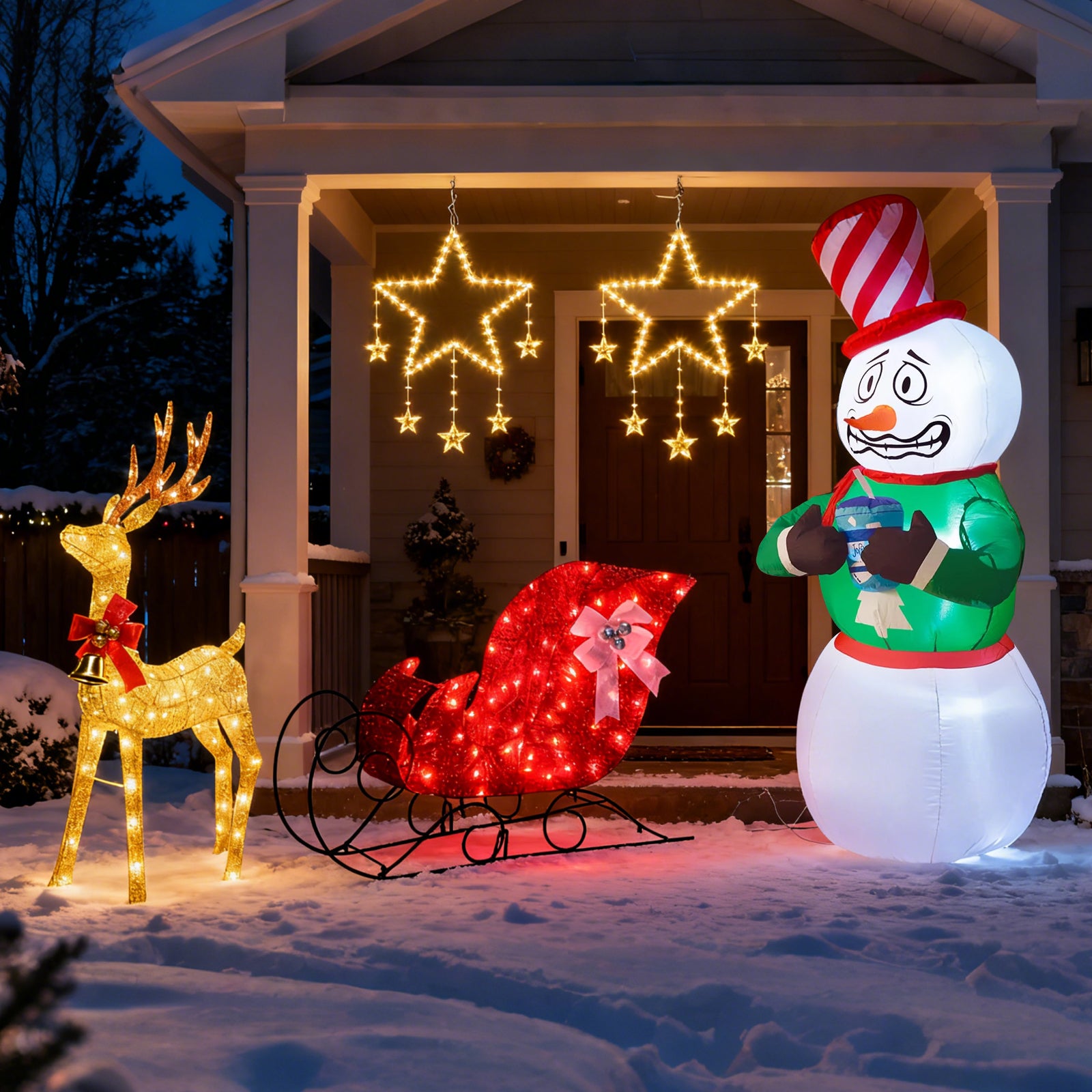 Quntis 3-in-1 Christmas Decoration Bundle — 1× Large White Reindeer Car Iron Light, 1× 2-Pack Warm White Star Dreamcatcher Window Lights, 1× 6FT Inflatable Snowman for Holiday Outdoor Decor