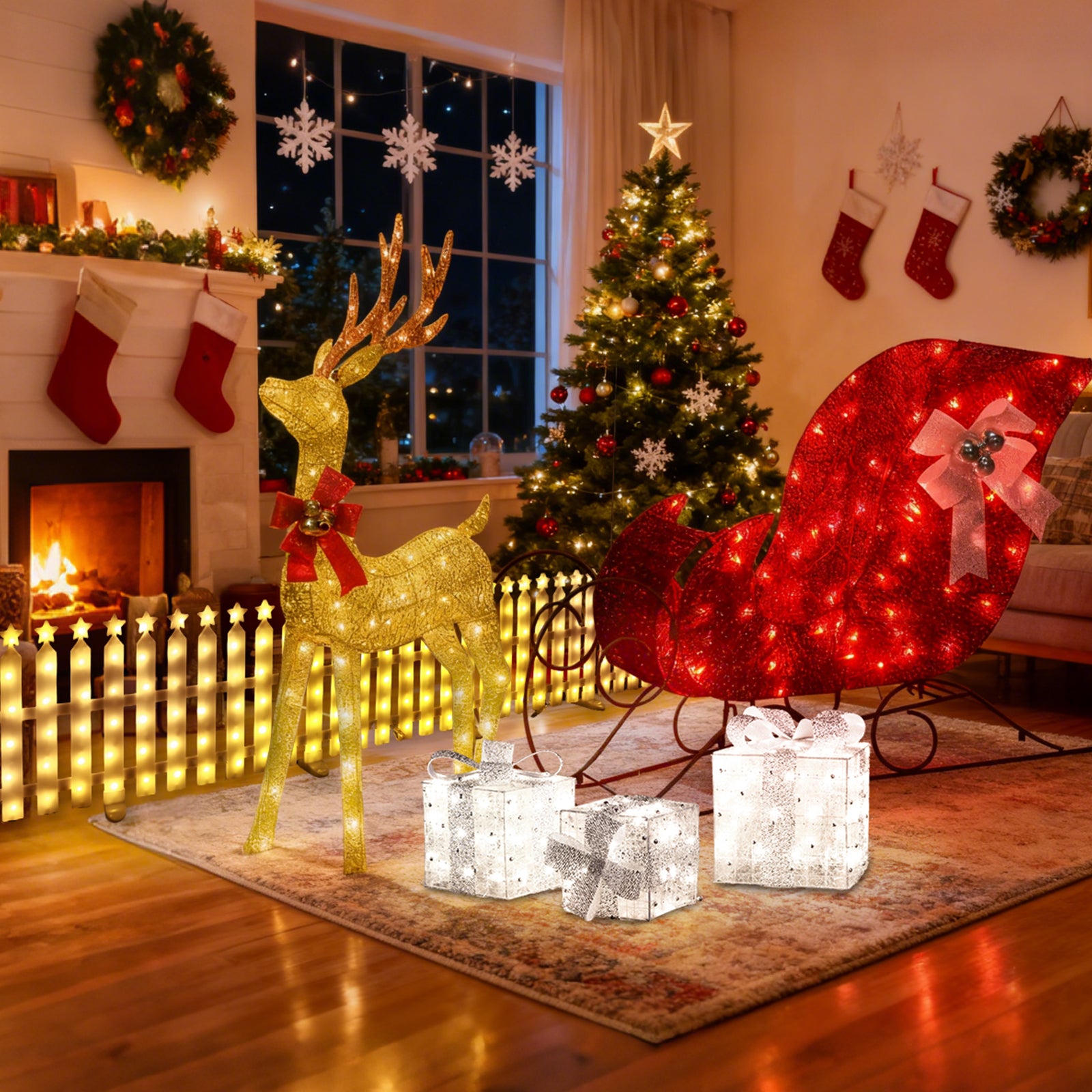 Quntis 3-Piece Christmas Holiday Bundle – Gold Reindeer Car Iron Art Light, 12-Star Christmas Tree Fence Lights, Silver Bead String 3-Piece Gift Box Set