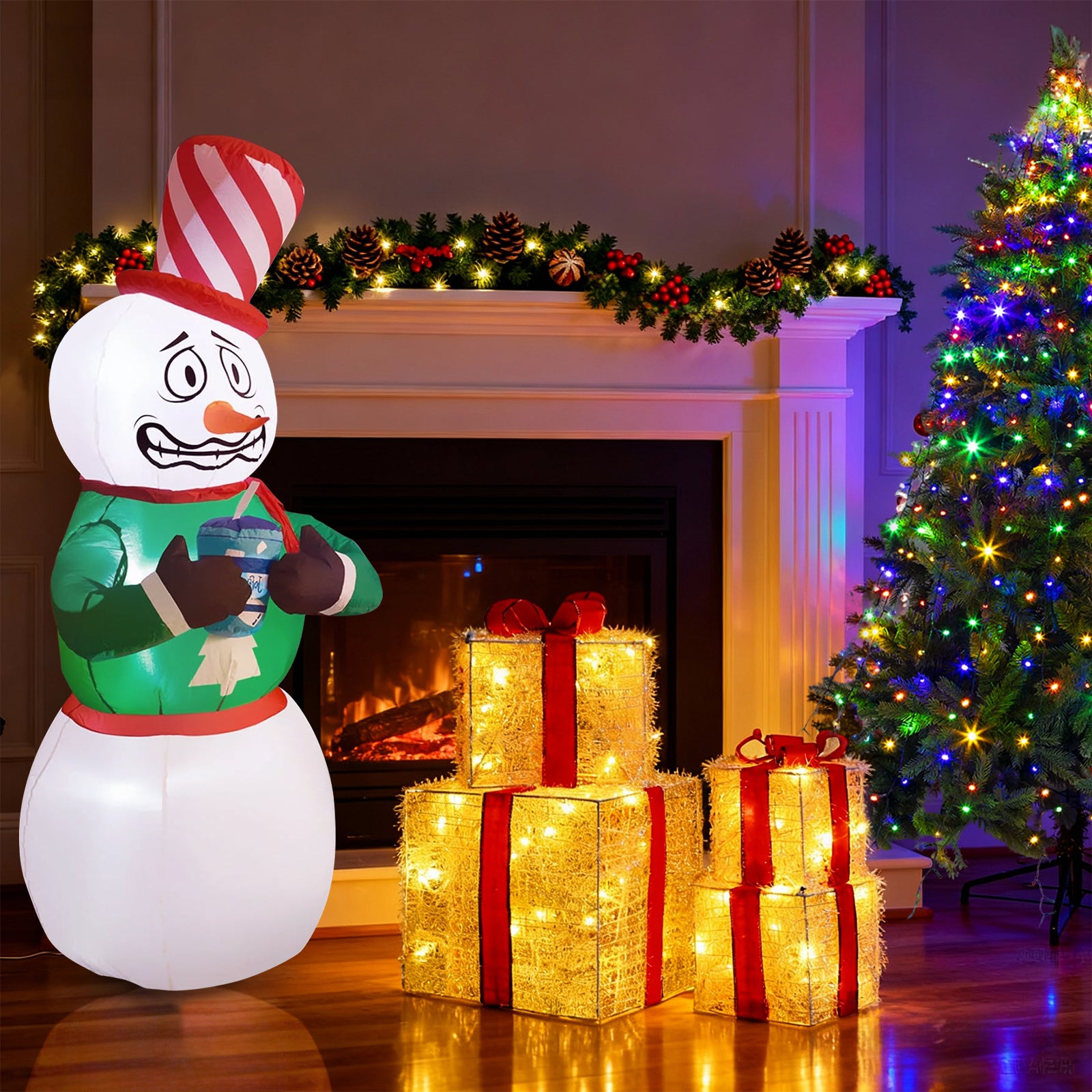 4-Piece Christmas Decoration Set – Diamond Ring Tree Light, Poinsettia Garland, 3D Gift Boxes & 6FT Waving Snowman Inflatable