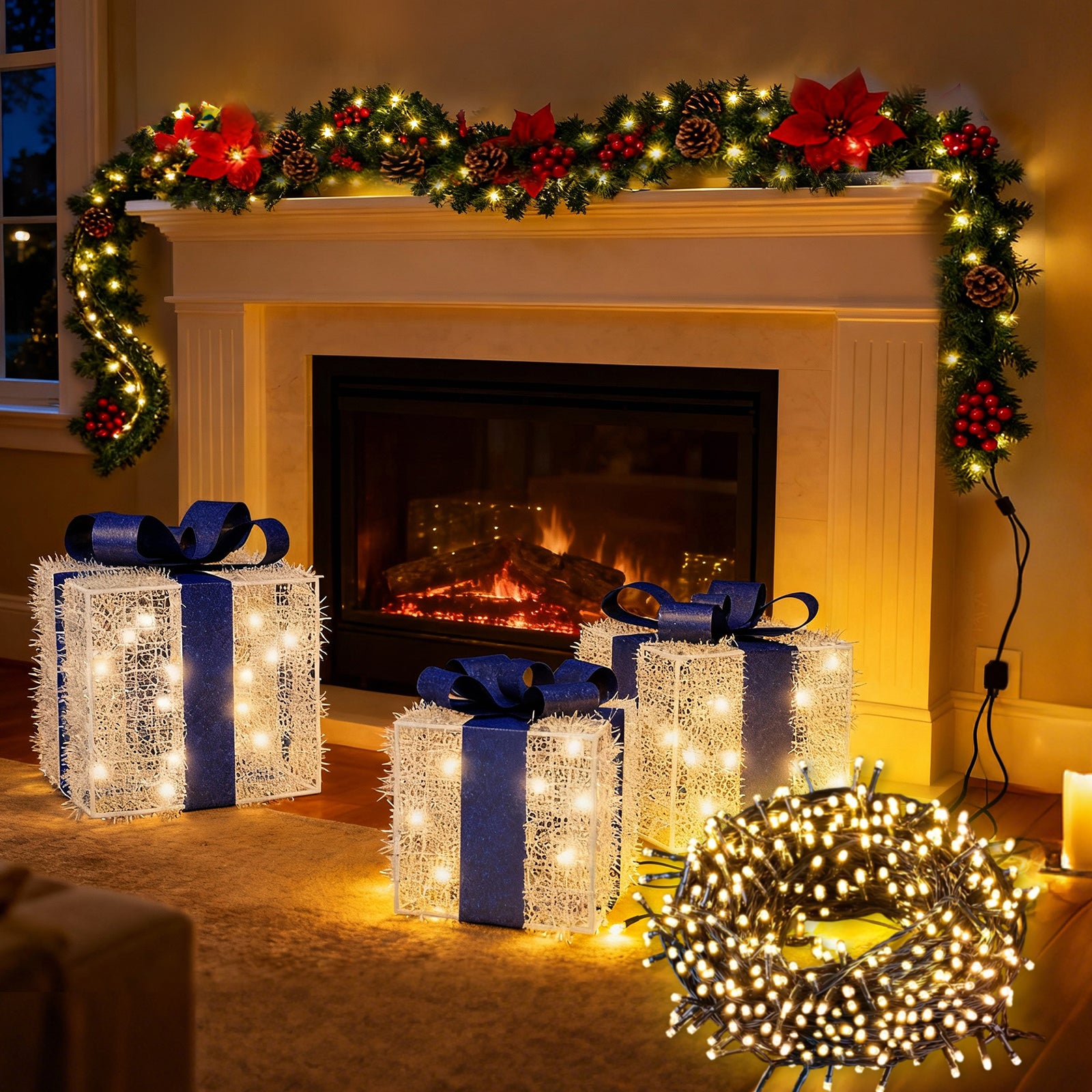 3-Piece Christmas Decoration Set – Poinsettia Garland, Blue Gift Boxes & 40M Warm White Battery String Lights (US Plug)
