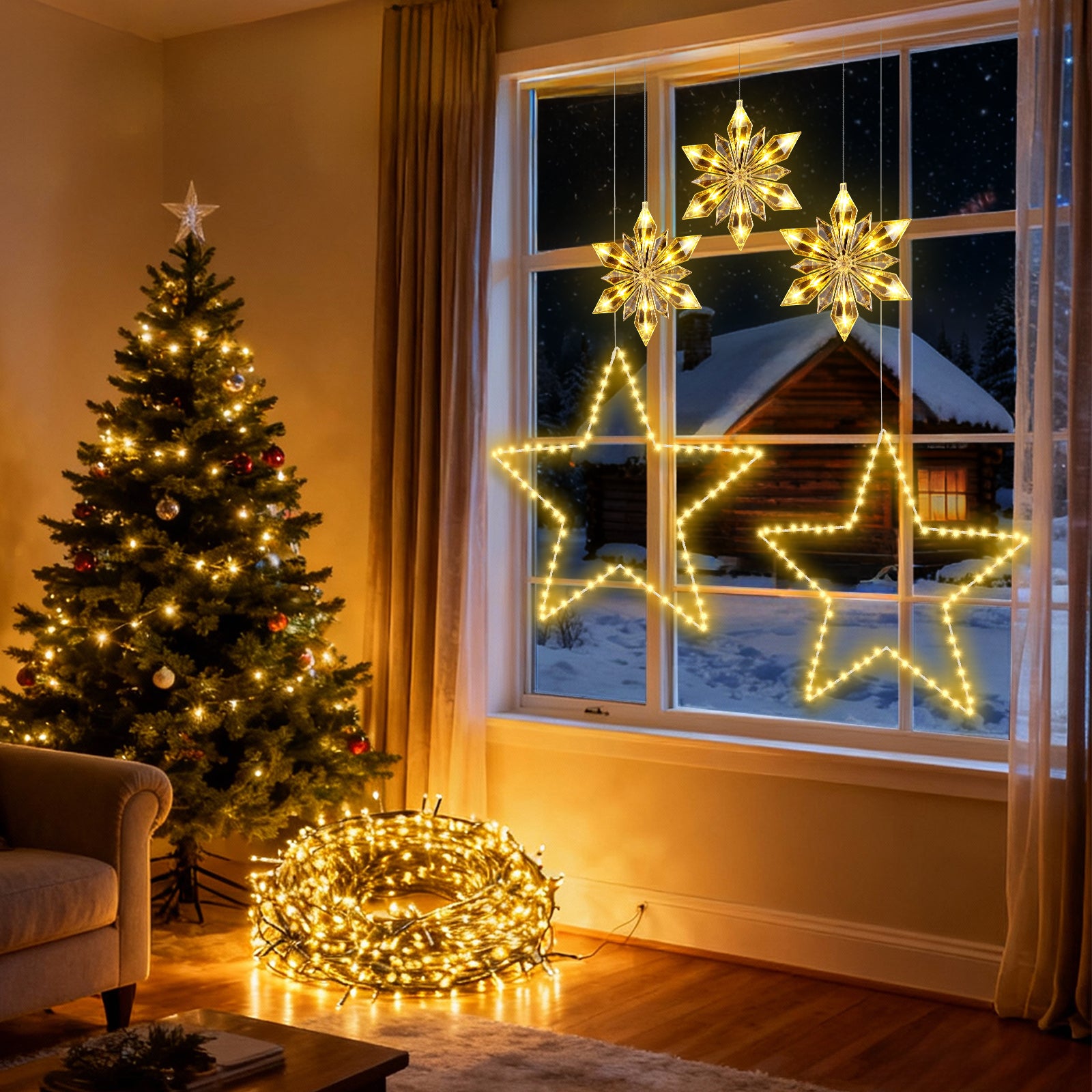 3-Piece Christmas Warm White Lighting Set – 7.6M Centipede String Lights, Triple Diamond Snowflake Window Lights & 2 Foldable 50CM Metal Star Lights