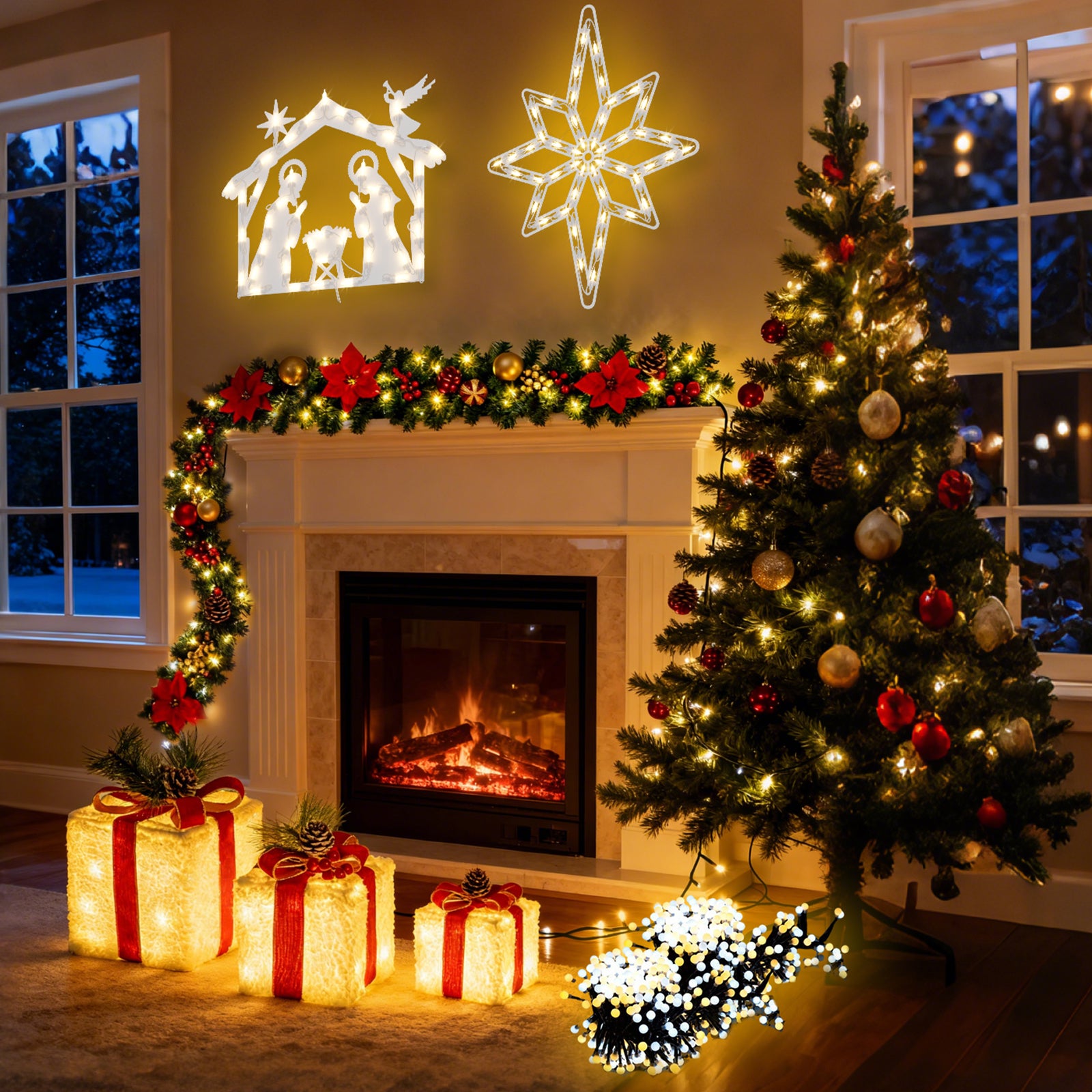 4-Piece Christmas Nativity Light Set – Jesus Nativity & Bethlehem Star Tungsten Window Light, 4M Warm White Firecracker String Light, Flocked Gift Box & Poinsettia Christmas Garland