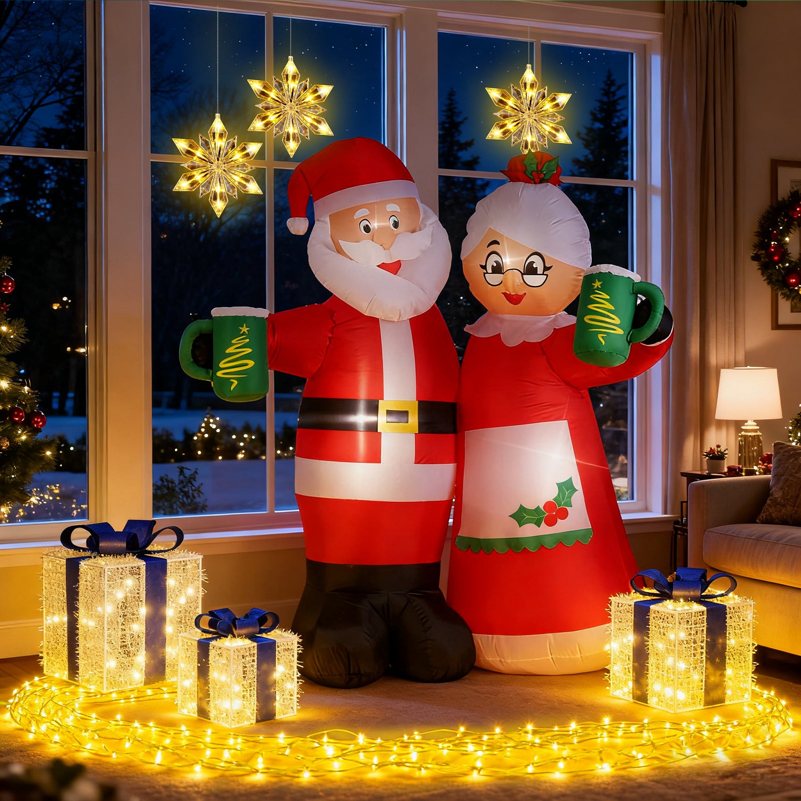 3-Piece Christmas Decoration Set – 7FT Santa Cheers Inflatable, Diamond Snowflake Window Lights & Blue Silver Gift Box Trio (US Plug)