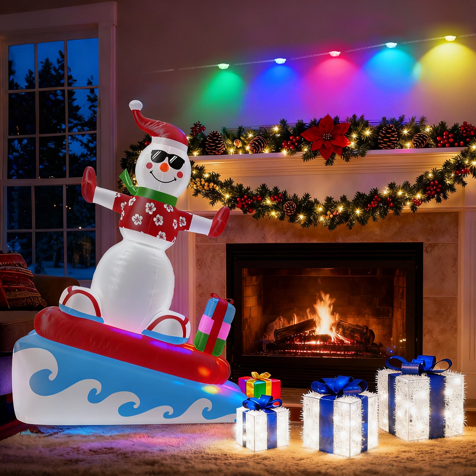 3-Piece Christmas Decoration Set – 6FT Surfing Snowman Inflatable, Blue Silver Gift Box Trio, Poinsettia Garland & 15M Multi-Color Eaves Lights (US Plug)