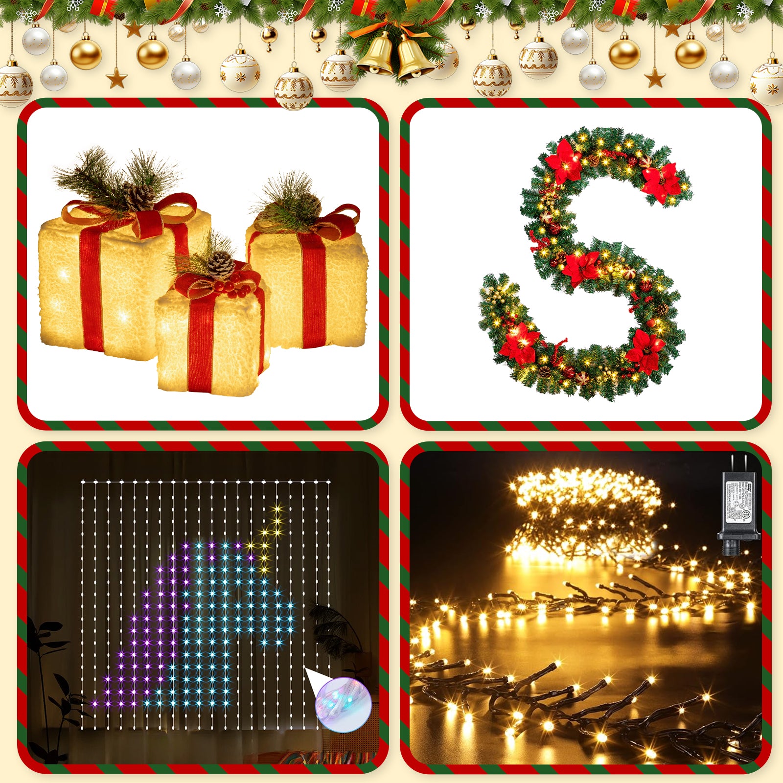 Quntis 4-in-1 Christmas Decoration Bundle — 1× Snow Gift Box Set, 1× Poinsettia Garland, 1× 7.6m 760-LED Warm White Centipede Lights, 1× 3×3m Transparent Wire Colorful Curtain Lights with Remote