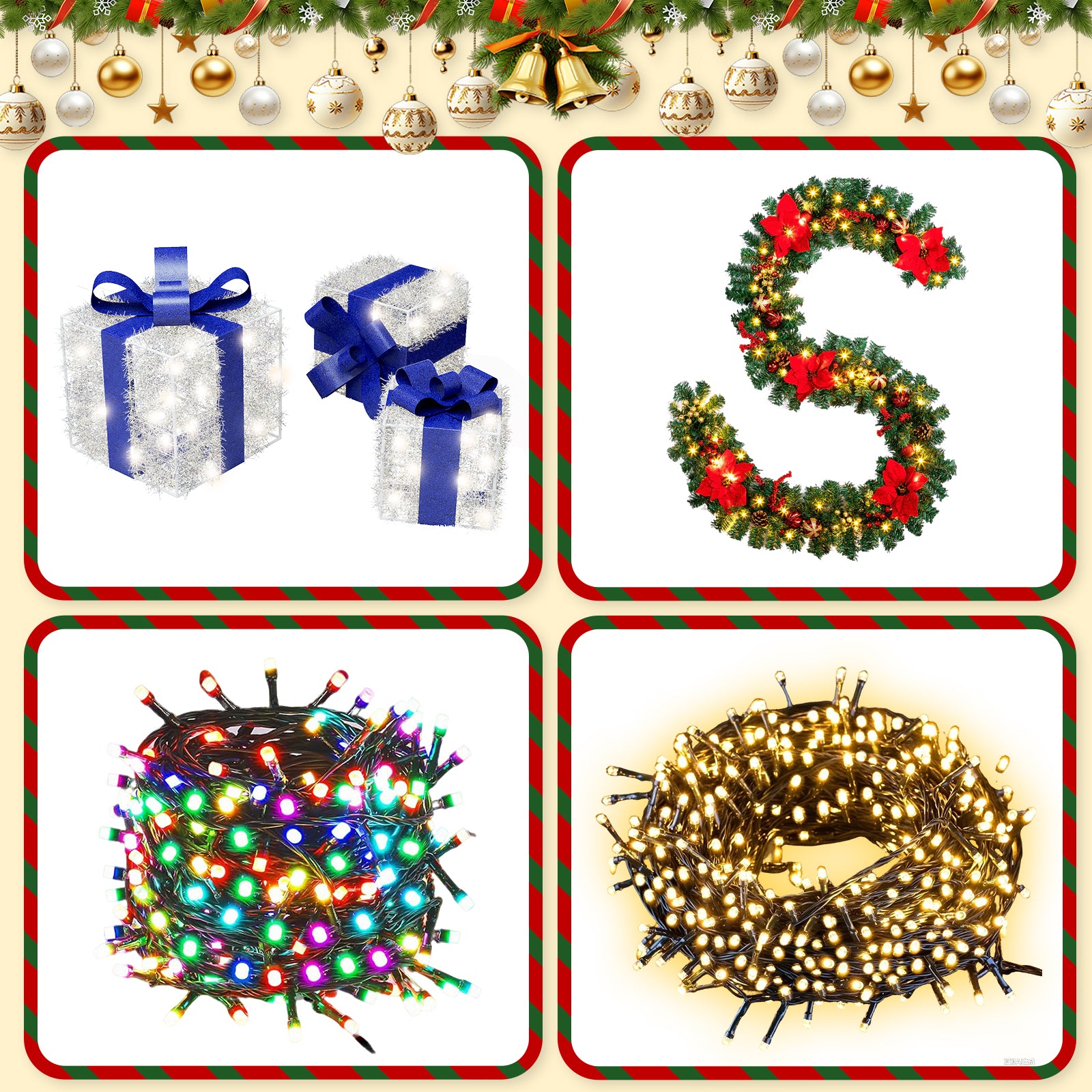 4-Piece Christmas Decoration Bundle – Poinsettia Garland, 30M RGB Flowing Fairy Lights, Blue-Silver Gift Box Trio & 40M Warm White Battery LED String Lights (US Plug)