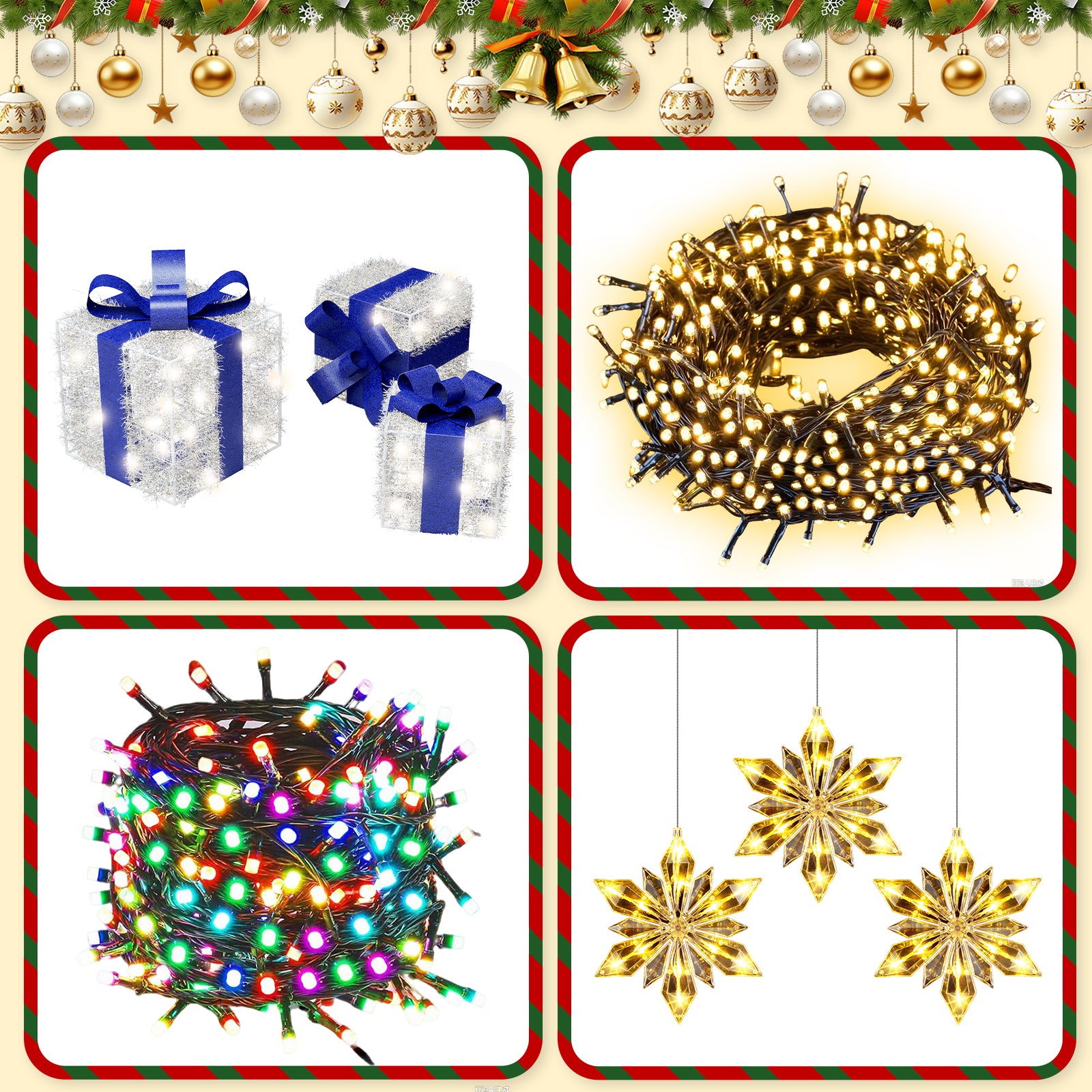 Quntis 4-in-1 Christmas Bundle — 3-in-1 Diamond Snowflake Window Lights, 30m Color-Changing Flowing Lights, 7.6m Warm White Centipede Lights, 3-Piece Silver Blue Gift Boxes