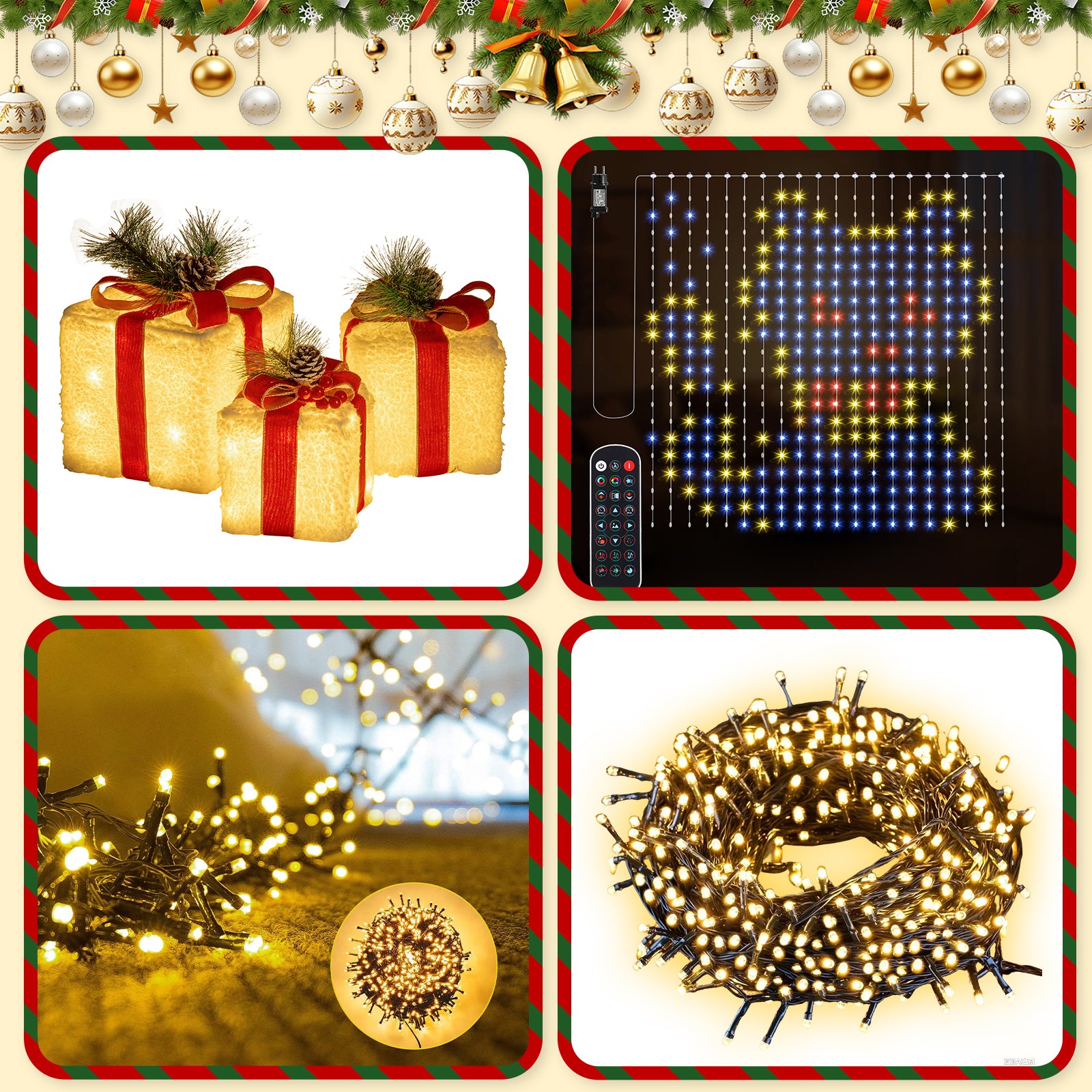 Quntis 6-in-1 Christmas Decoration Bundle — 1× Snow-Glow Gift Box Set (3 pcs), 1× 3×3m Christmas Curtain Lights, 1× 40m 300-LED Battery String Lights, 1× 25m 1000-LED Christmas Tree Lights for Holiday Indoor & Outdoor Decor