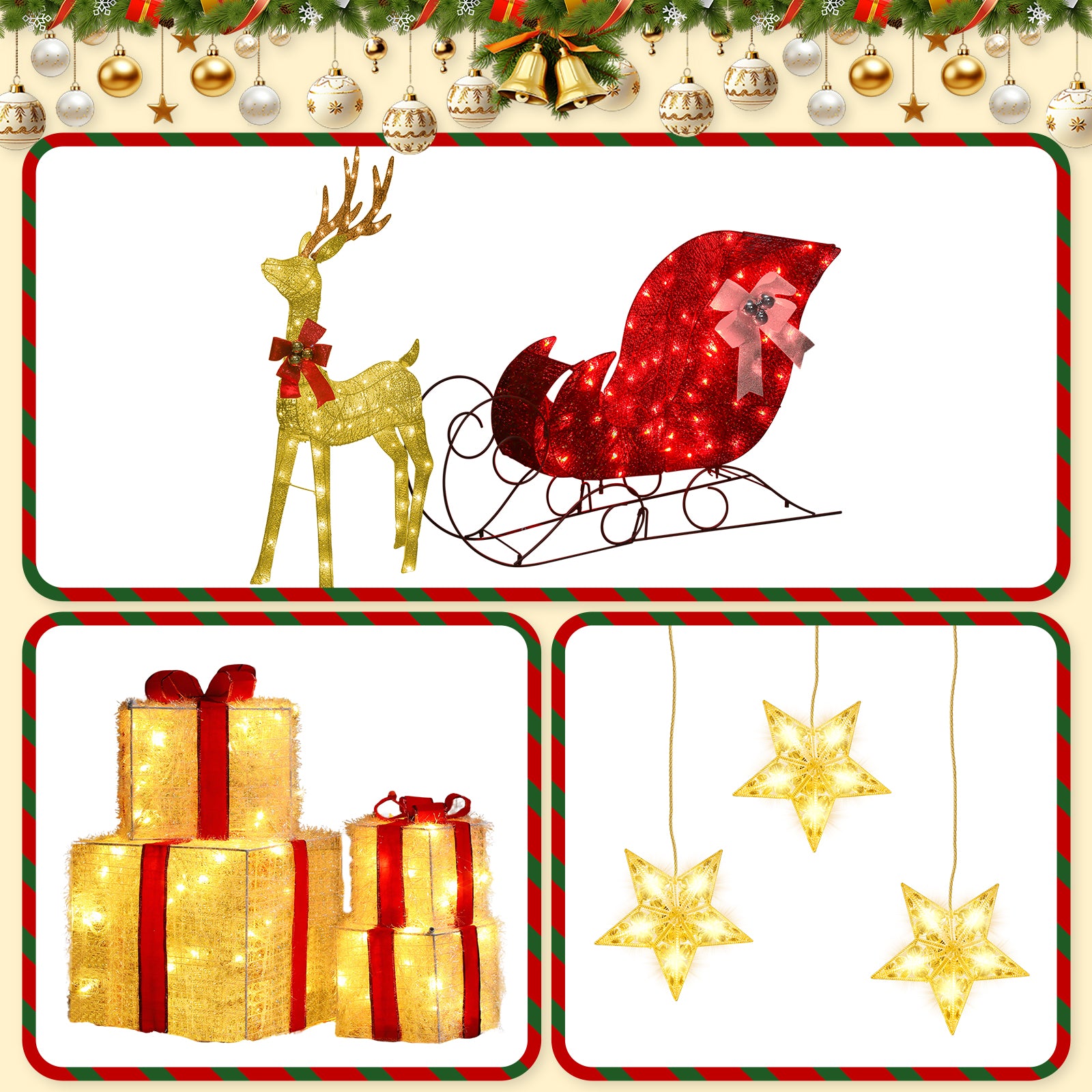 Quntis 3-Piece Holiday Christmas Bundle – Reindeer Car Light, 1-to-3 Diamond Crystal Window Star Lights & 4-Piece Ribbon Gift Box Set