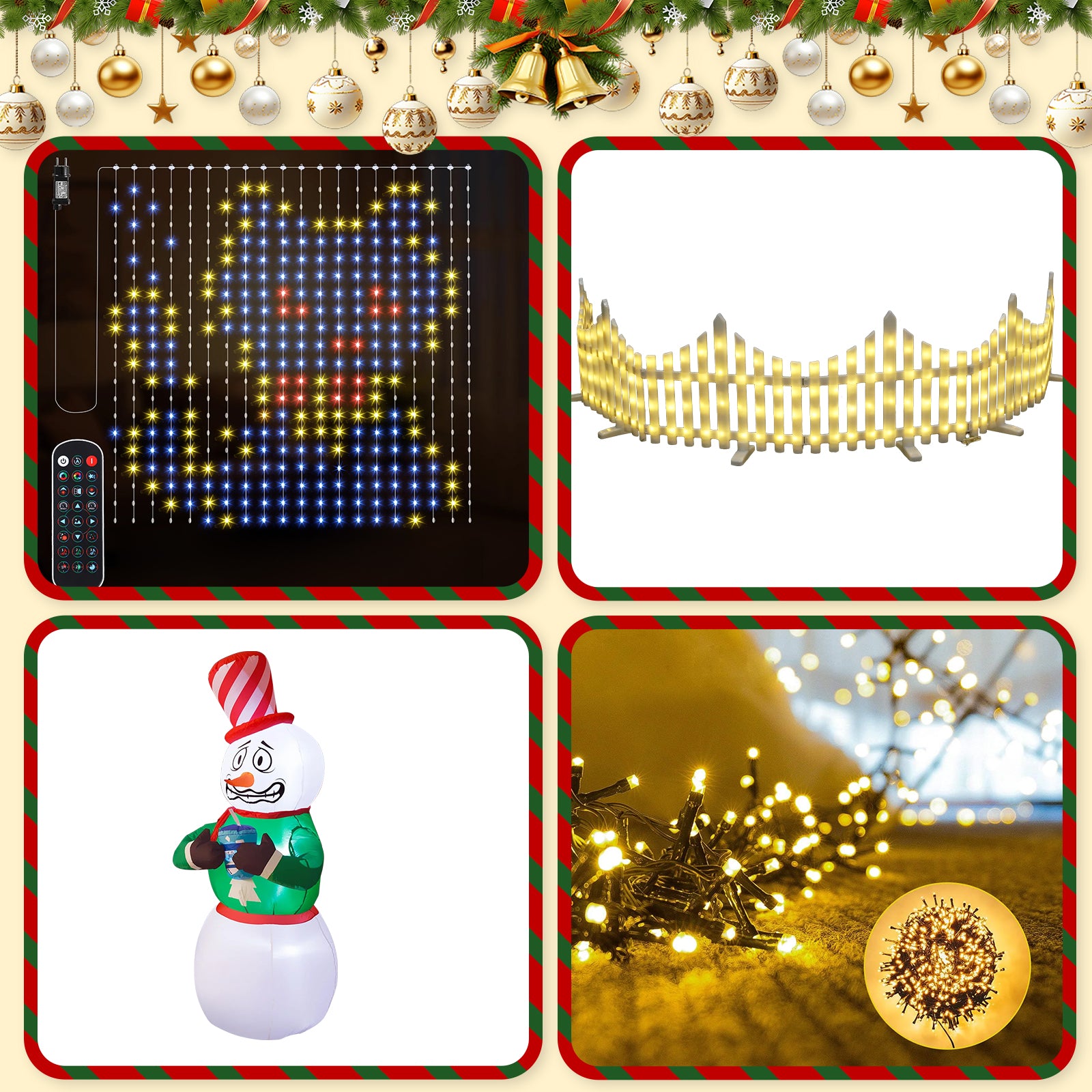 Quntis 4-Piece Christmas Lighting & Inflatable Decor Bundle – 6FT Shaking Snowman, 3x3M Remote-Control RGB Curtain Lights, 50M Warm White String Lights, and 8-Panel Arc Fence Lights
