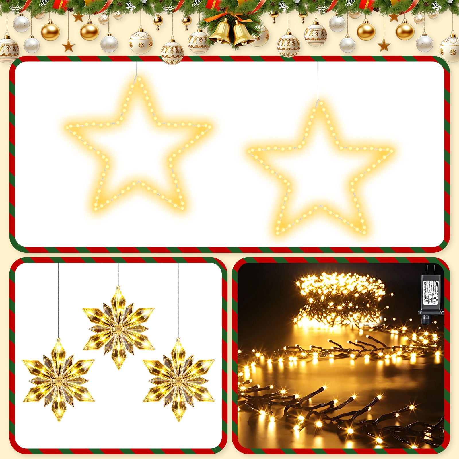 3-Piece Christmas Warm White Lighting Set – 7.6M Centipede String Lights, Triple Diamond Snowflake Window Lights & 2 Foldable 50CM Metal Star Lights