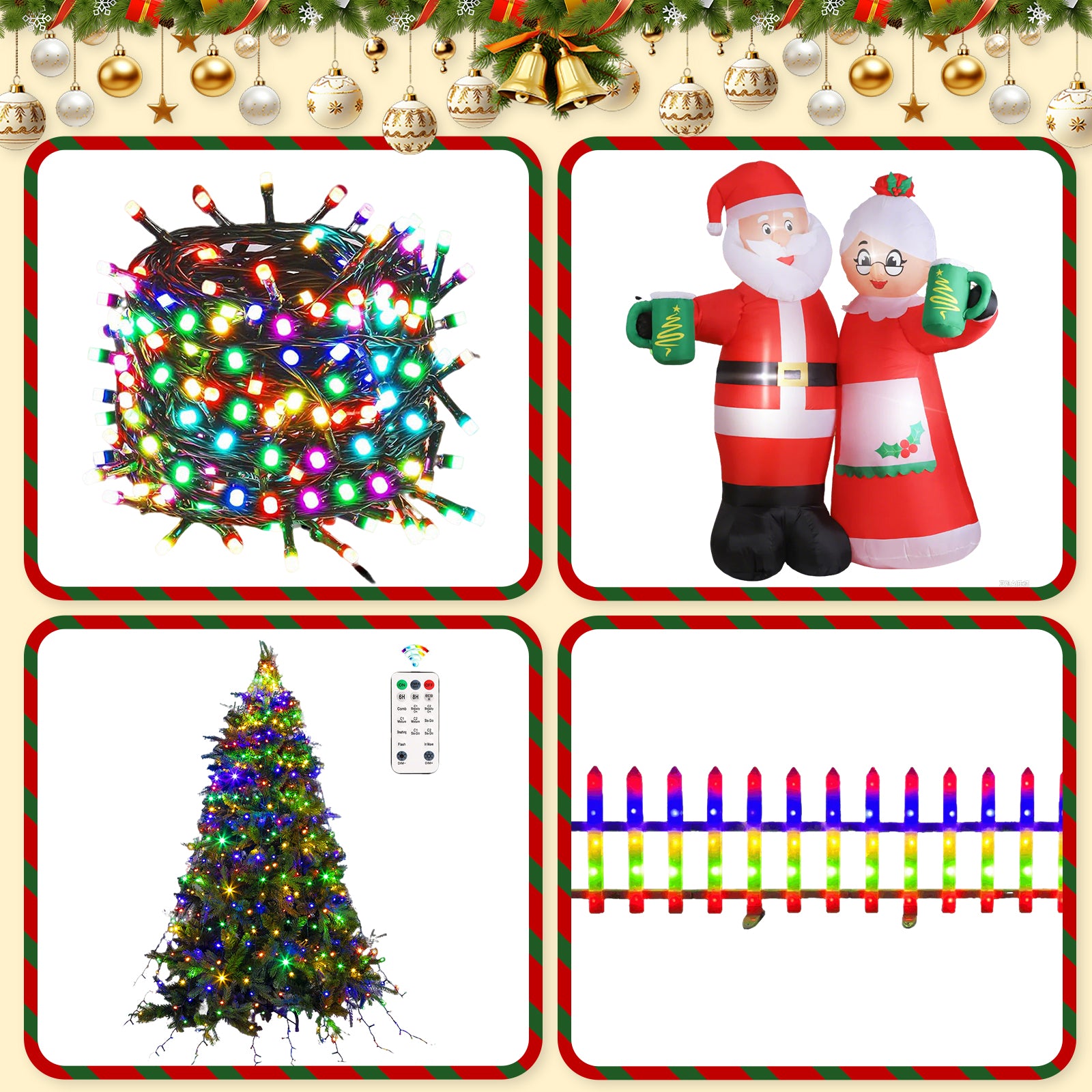 4-Piece Christmas Decoration Bundle – Colorful Diamond Ring Tree Light Strip, Flowing Fairy String Lights, Fence Panel Lights & 7FT Santa Cheers Inflatable (US Plug)