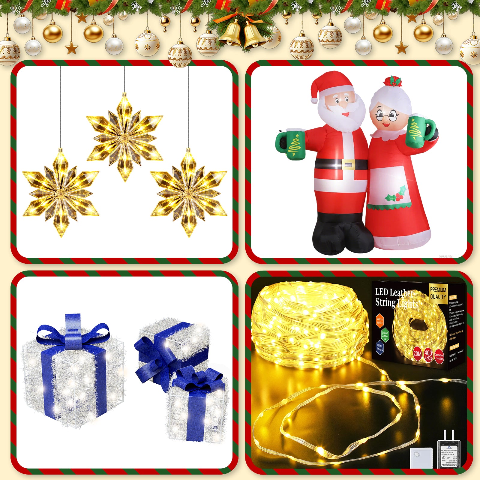 3-Piece Christmas Decoration Set – 7FT Santa Cheers Inflatable, Diamond Snowflake Window Lights & Blue Silver Gift Box Trio (US Plug)