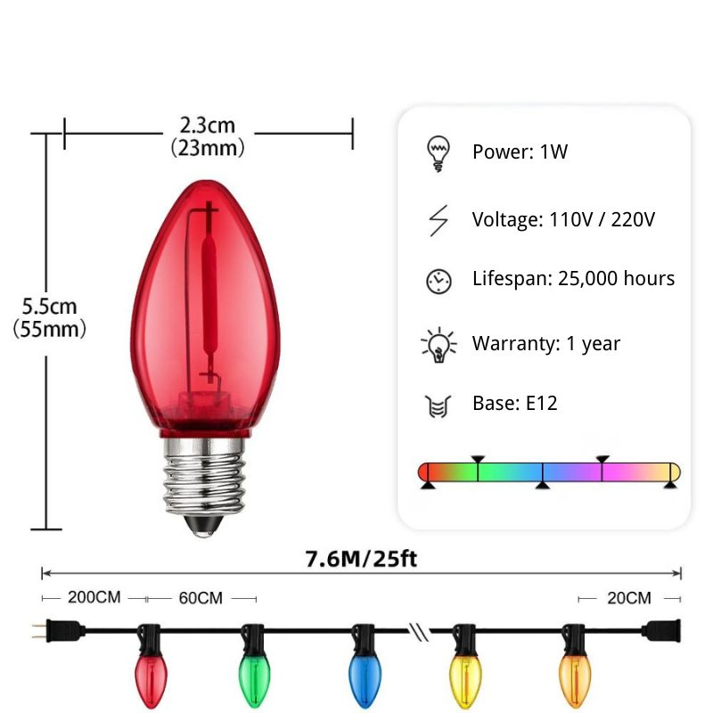 C7 RGB Outdoor Christmas String Lights, Shatterproof and Waterproof, E12 Plastic Bulbs