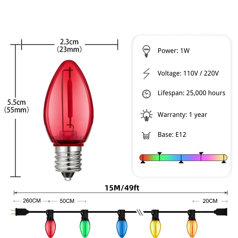 C7 RGB Outdoor Christmas String Lights, Shatterproof and Waterproof, E12 Plastic Bulbs